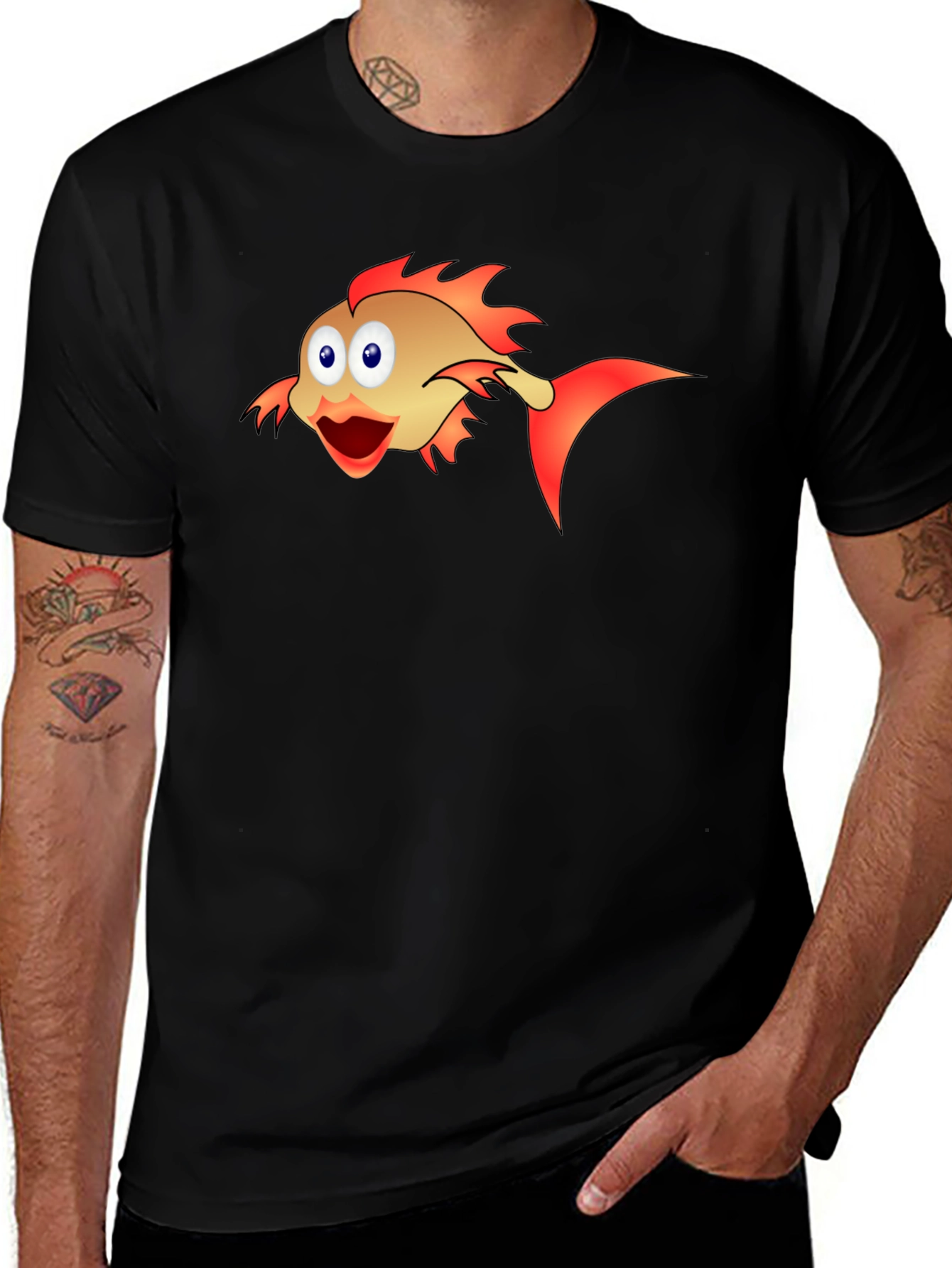 Variant 4 of Cartoon Fish Graphic Black T-Shirt