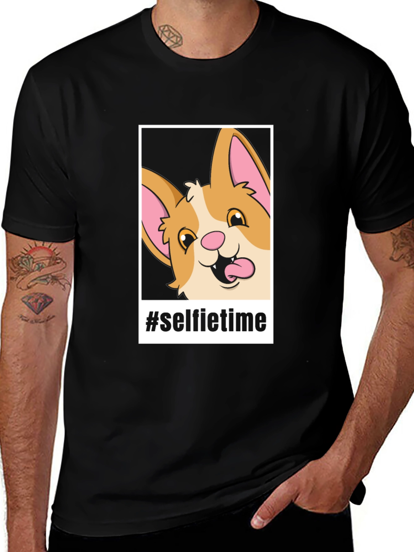Variant 19 of Selfie Time Corgi Graphic Tee - Black Cotton Blend