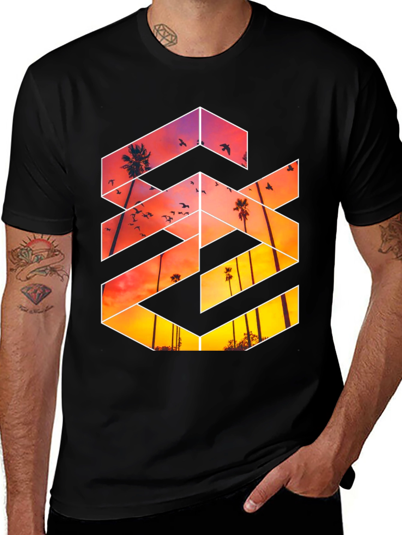 Sunset Palm Tree Graphic Tee - Black Casual T-Shirt
