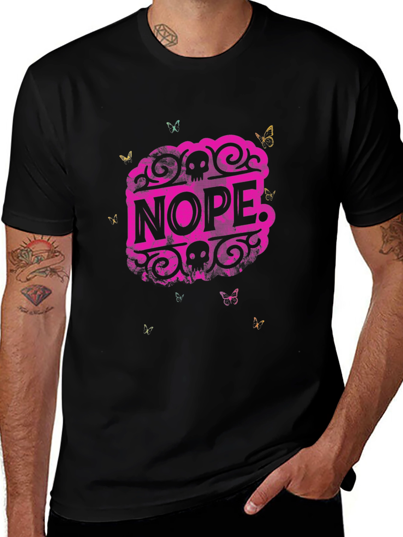 Variant 15 of Nope Graphic Tee - Skull & Butterfly Design