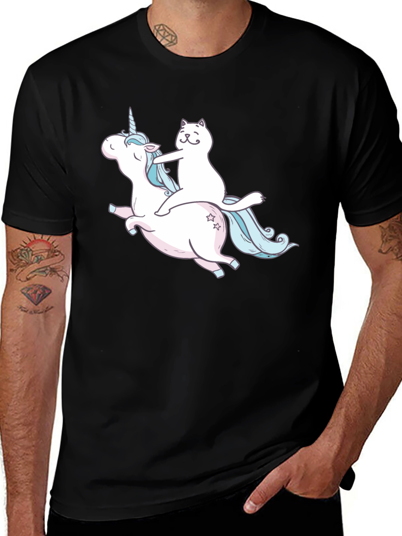 Variant 10 of Cat Riding Unicorn Graphic Tee - Black