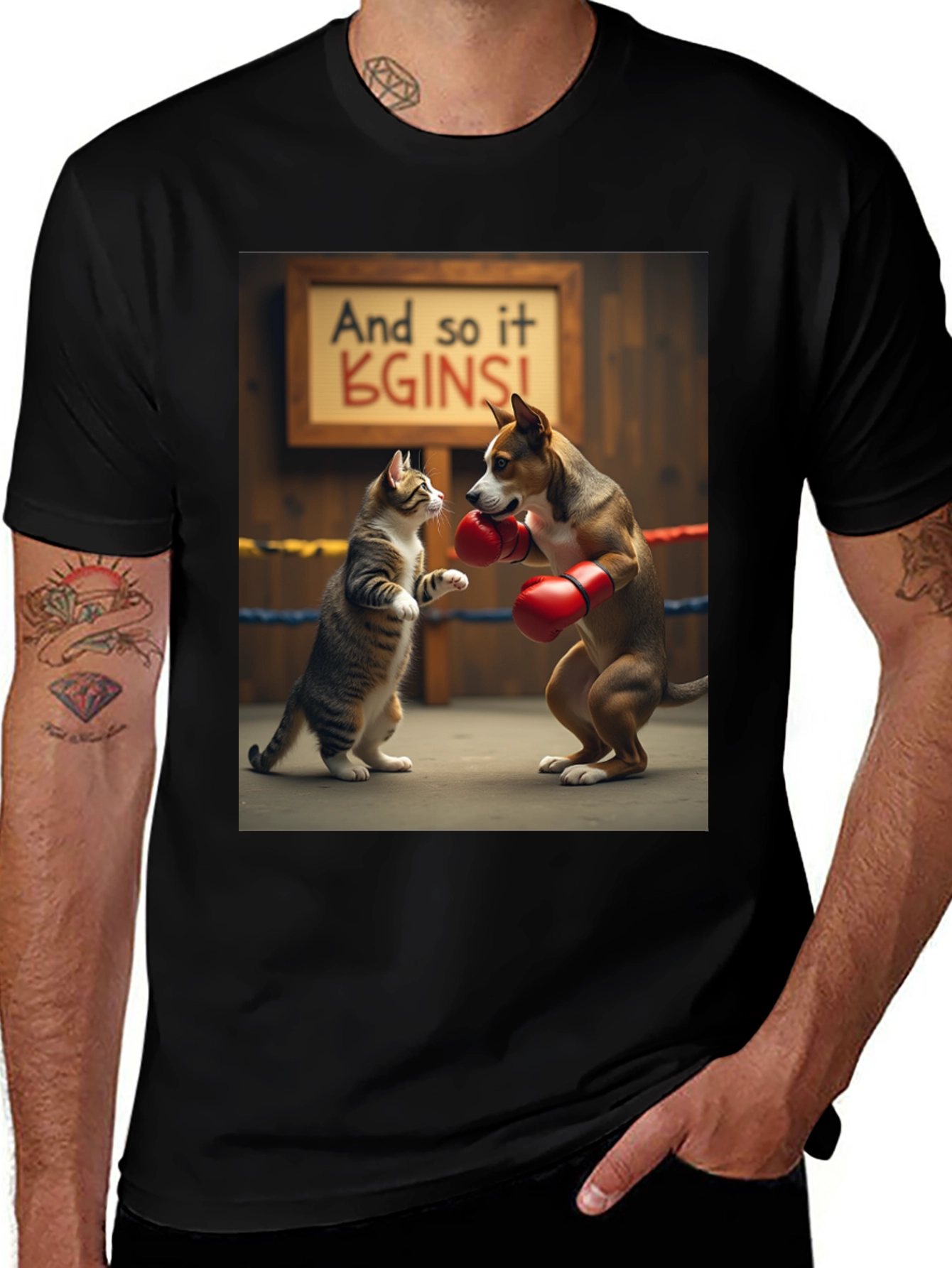 Black Boxing Cat and Dog Graphic Tee main image