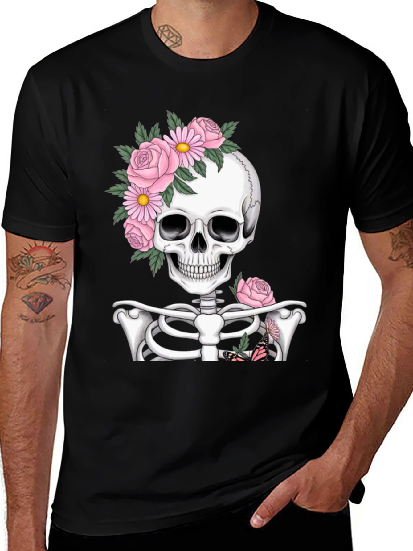Variant 22 of Floral Skull Graphic Print Black T-Shirt