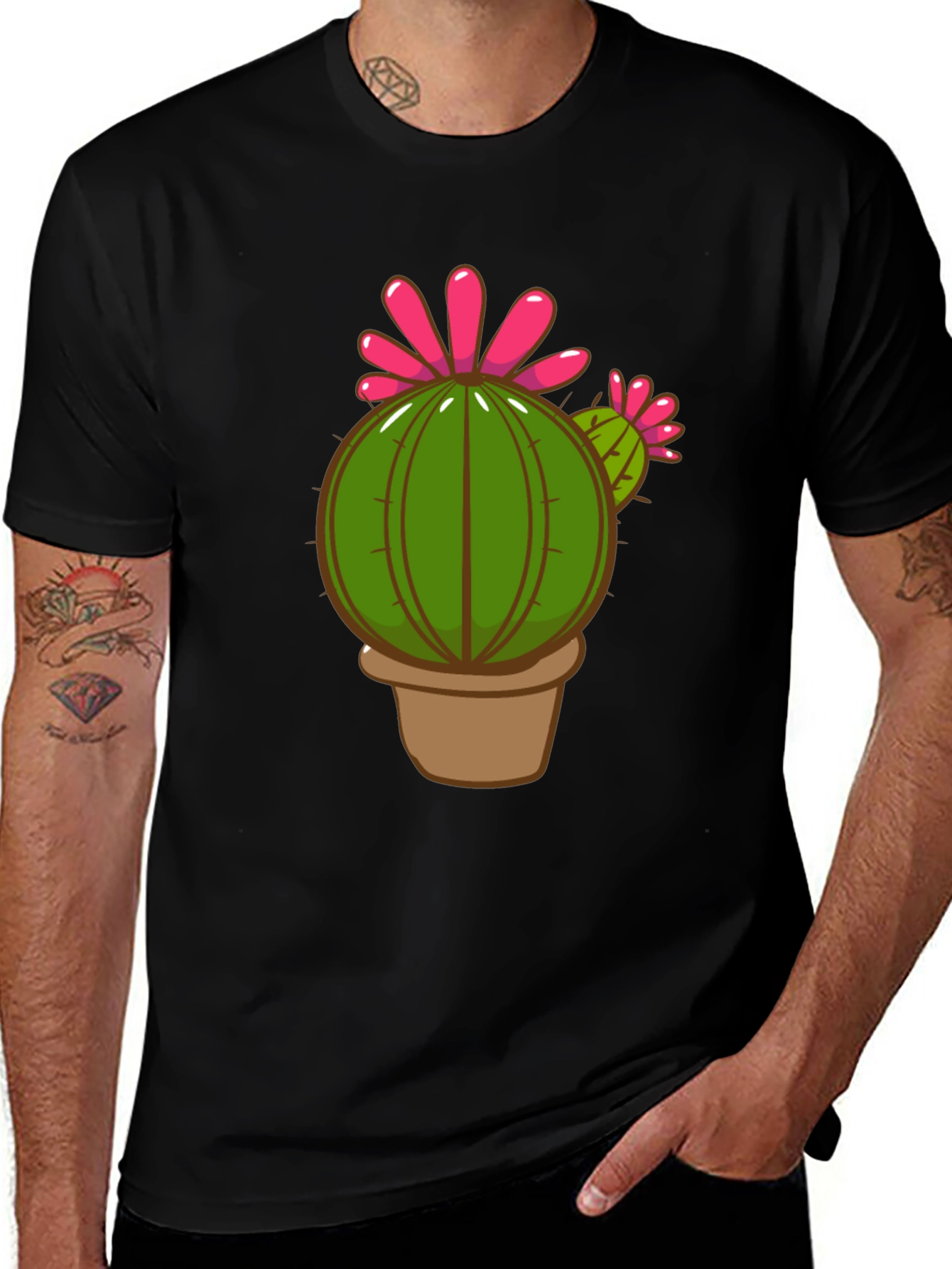 Variant 7 of Cactus Bloom Graphic Tee - Mens Black Cotton T-Shirt