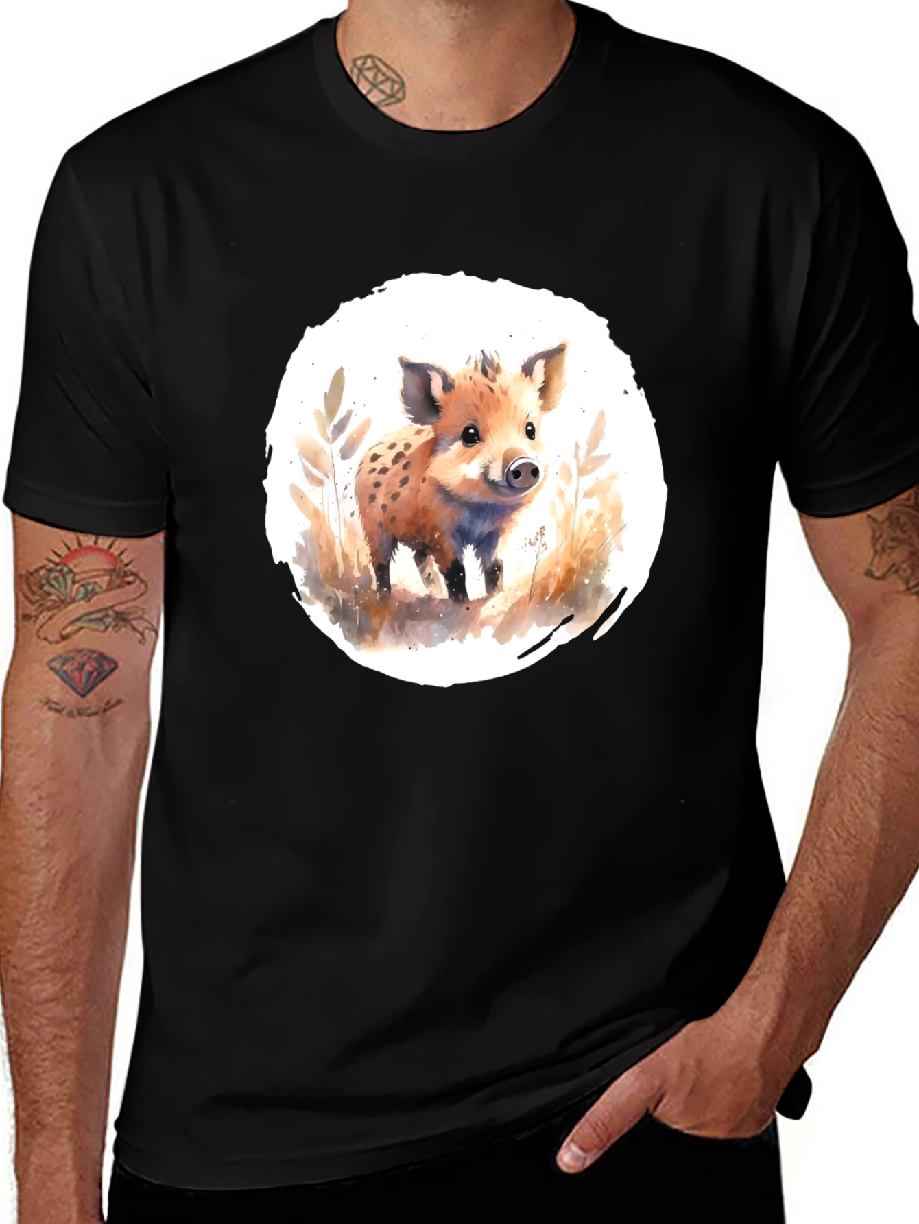Variant 9 of Wild Boar Watercolor Graphic Tee - Black Cotton T-Shirt