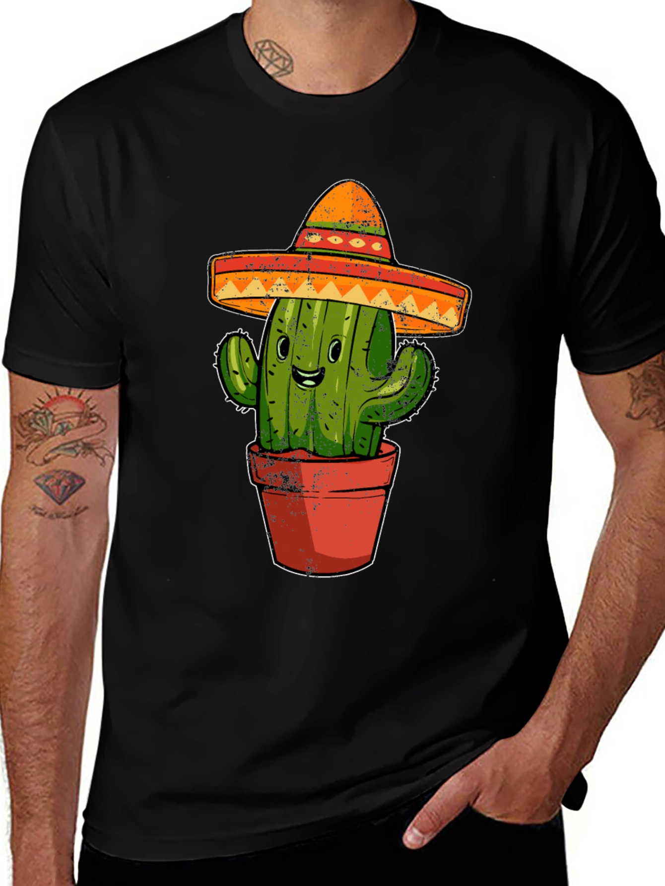 Variant 3 of Cactus Sombrero Graphic Tee - Black Cotton T-Shirt