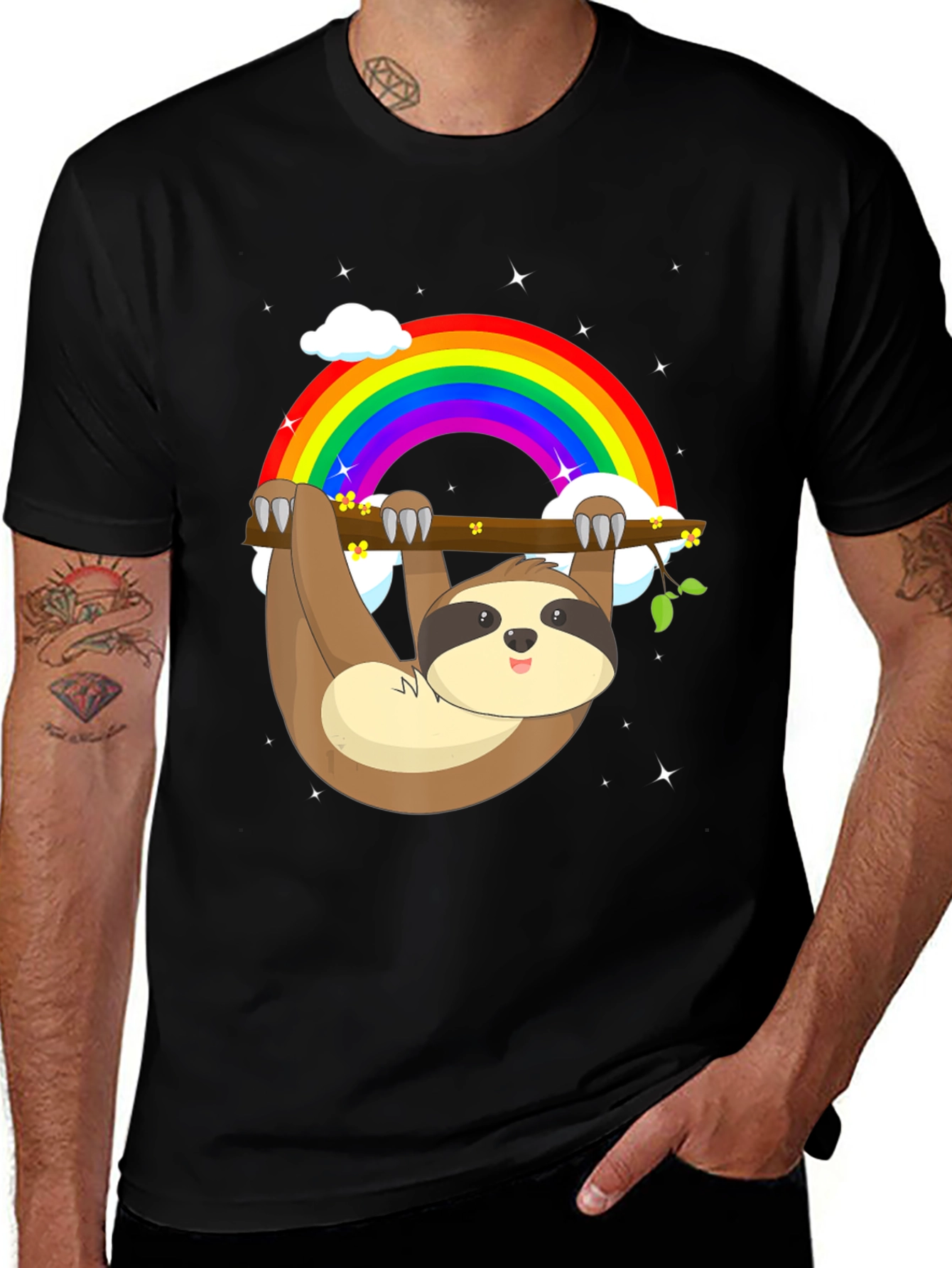 Variant 14 of Sloth Rainbow Graphic Tee - Men's Black Cotton T-Shirt