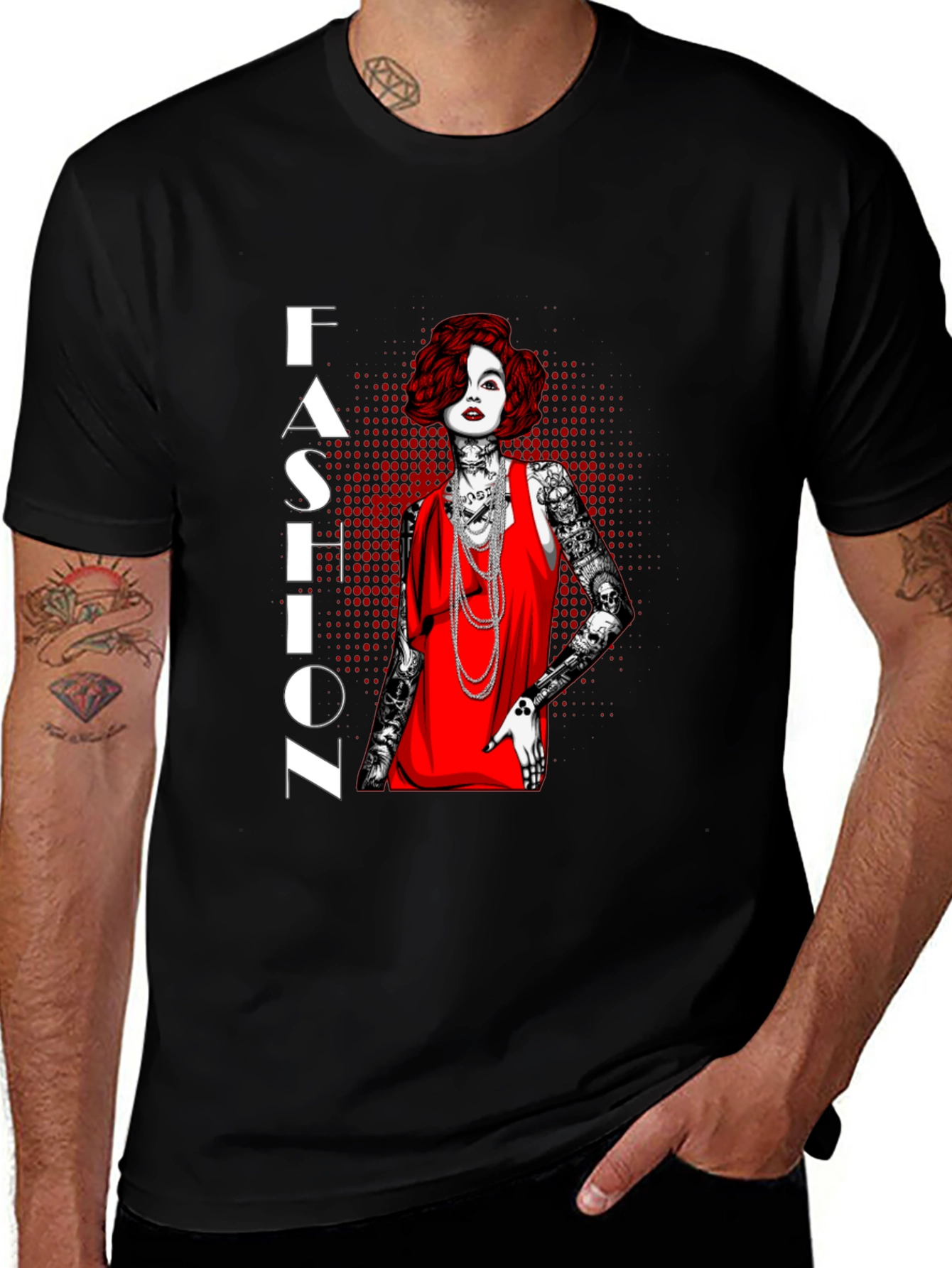 Variant 15 of Fashion Graphic T-Shirt - Red Dress Tattoo Model