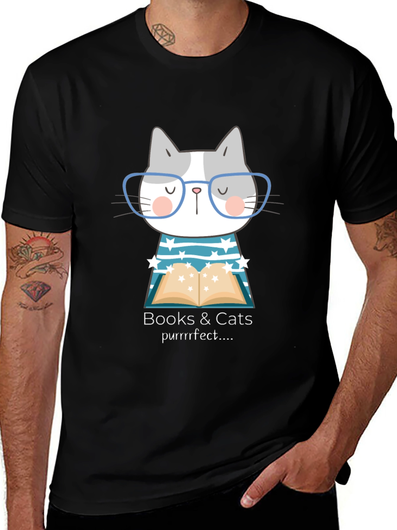 Variant 4 of Books & Cats Purrrfect T-Shirt - Reading Cat with Glasses