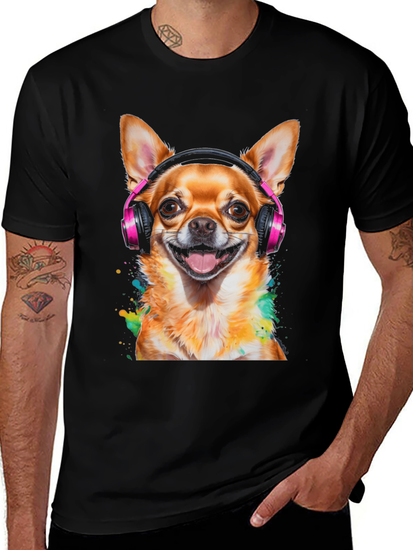 Variant 6 of Dog with Headphones T-Shirt - Men's Black Tee