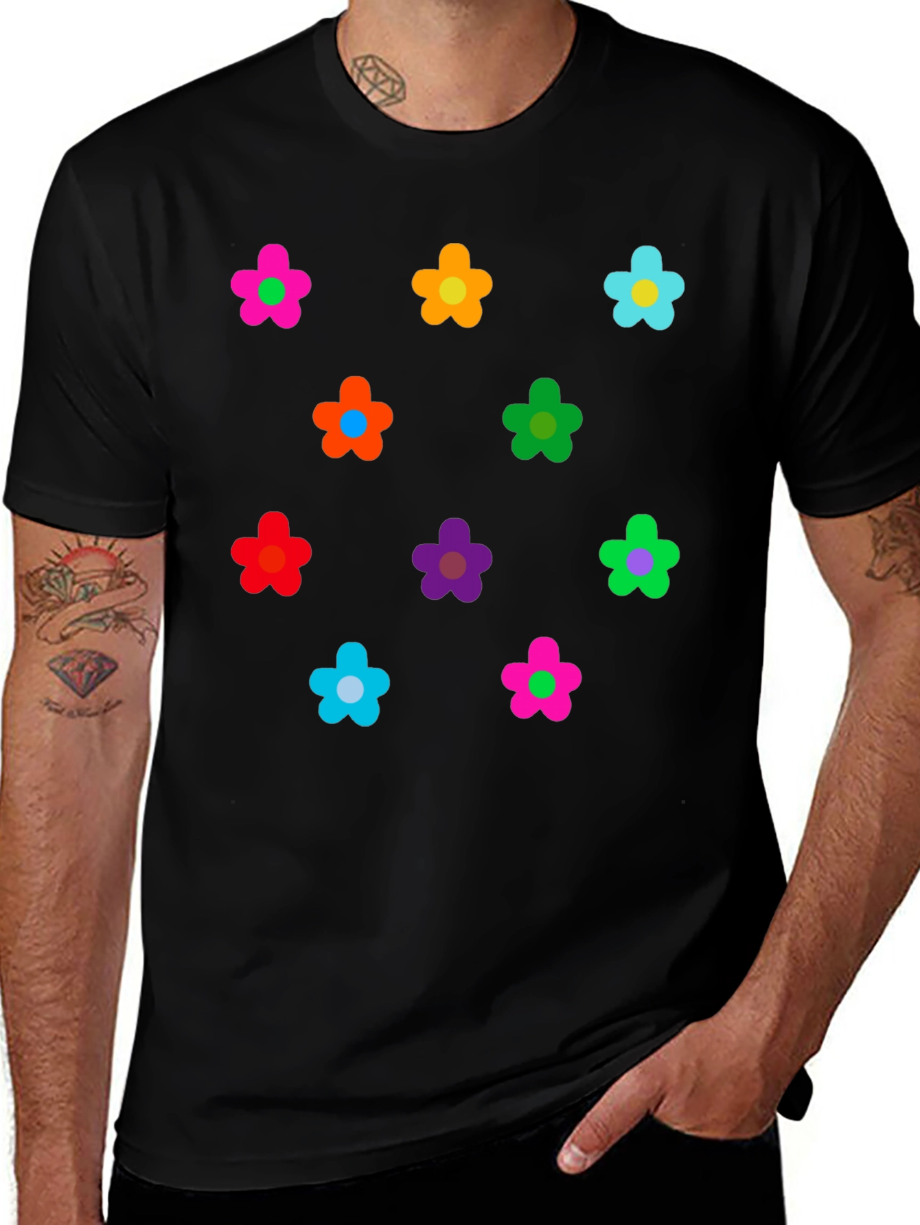 Black Colorful Flower Pattern Black T-Shirt main image