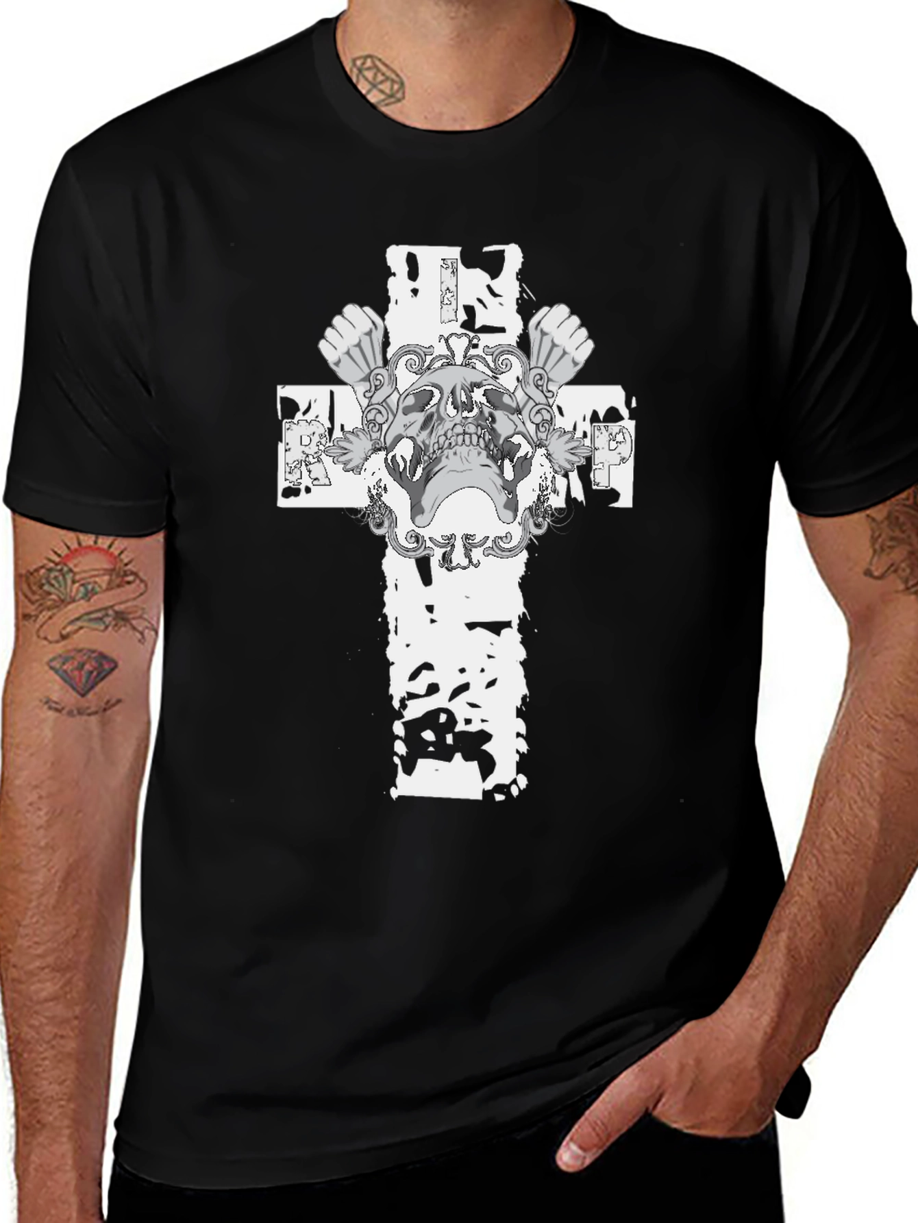 Skull & Cross Graphic Print T-Shirt - Black