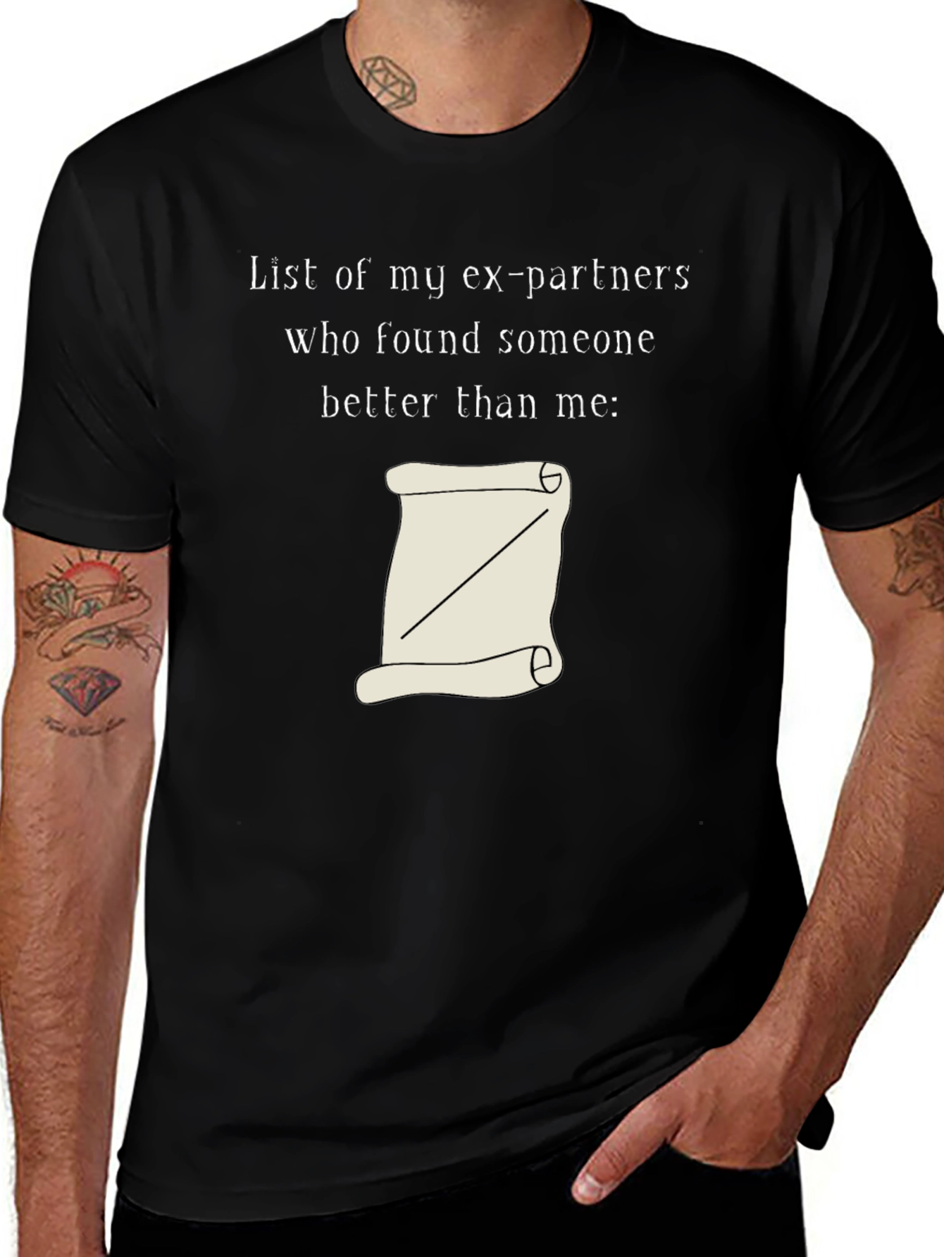 Variant 25 of Humorous Ex-Partner List T-Shirt - Blank Scroll