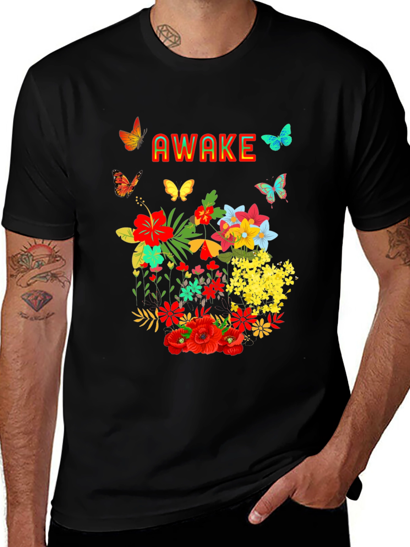 Variant 16 of Awake Floral Butterfly Graphic Tee - Black