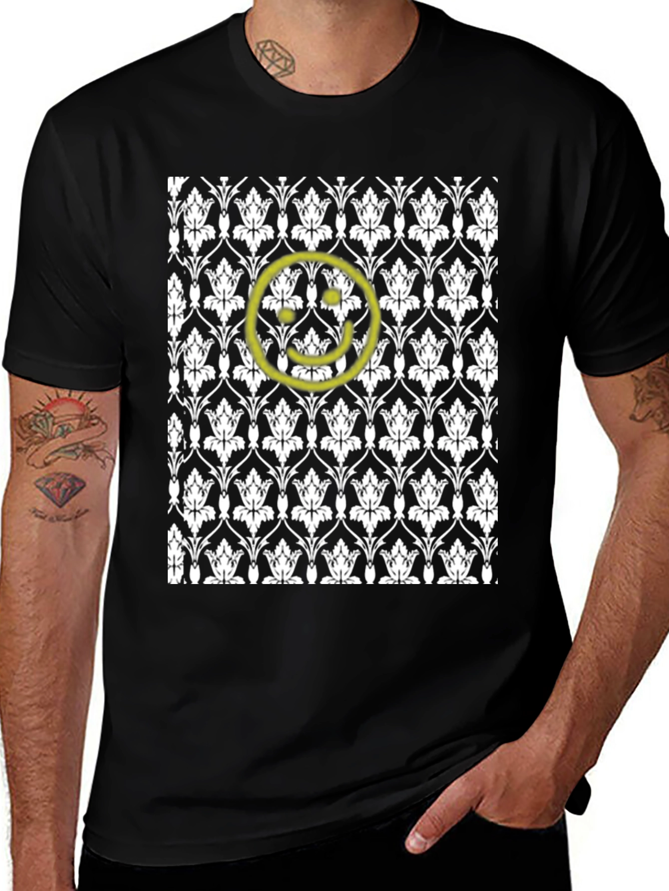 Variant 15 of Black Patterned Tee with Yellow Smiley