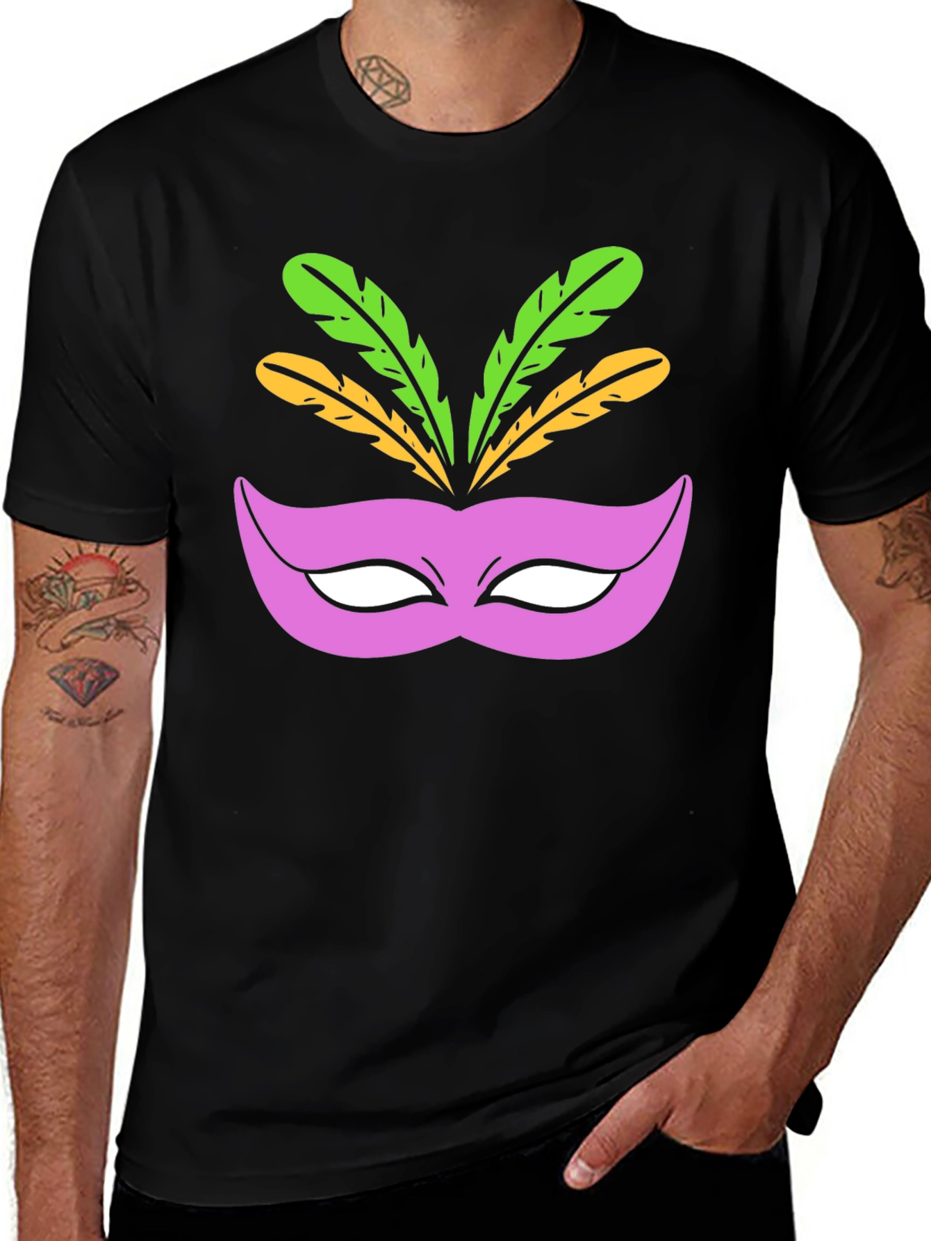 Mardi Gras Mask Graphic Tee - Black Cotton T-Shirt