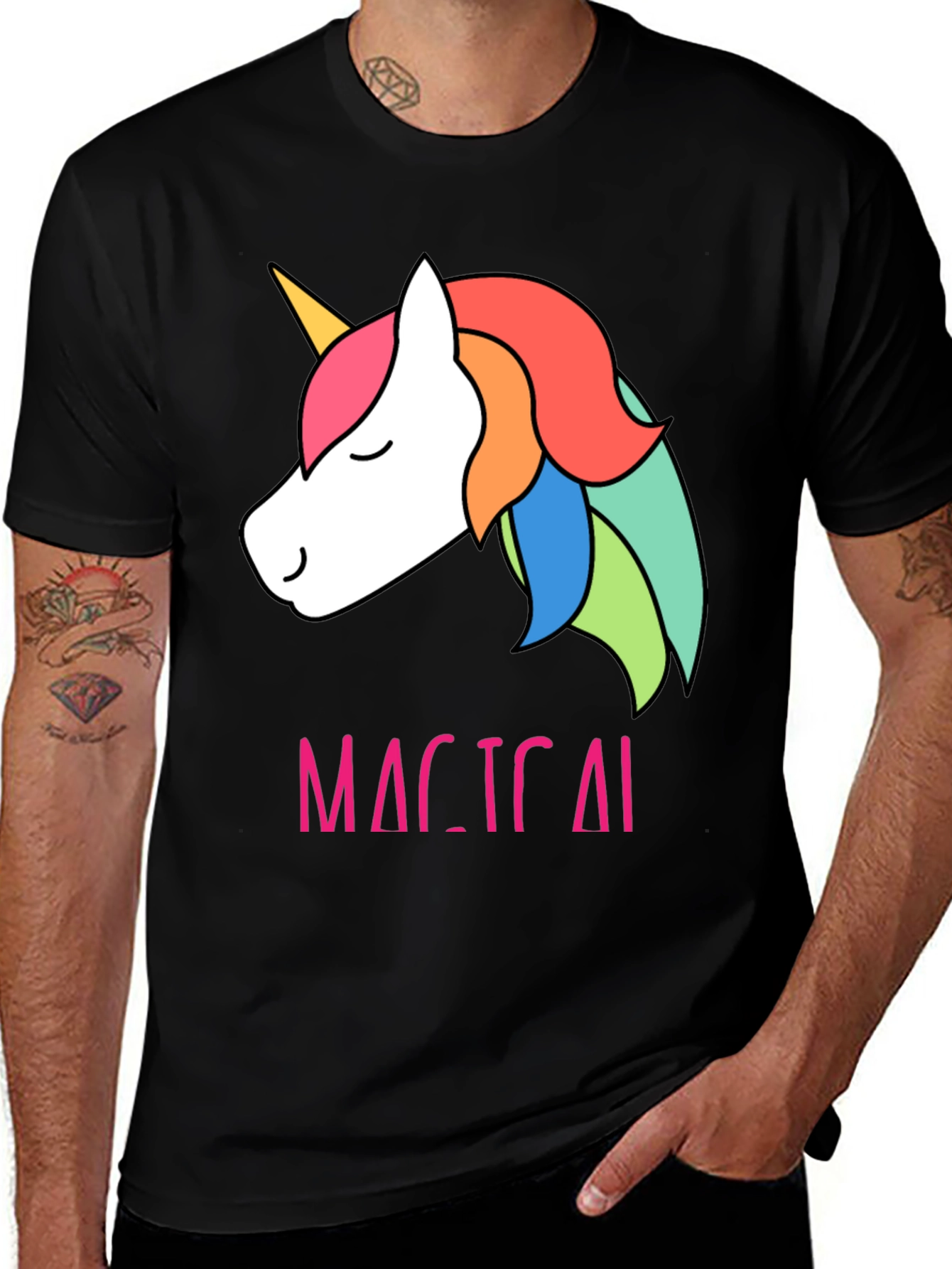 Black Magical Unicorn T-Shirt - Cute Rainbow Design main image