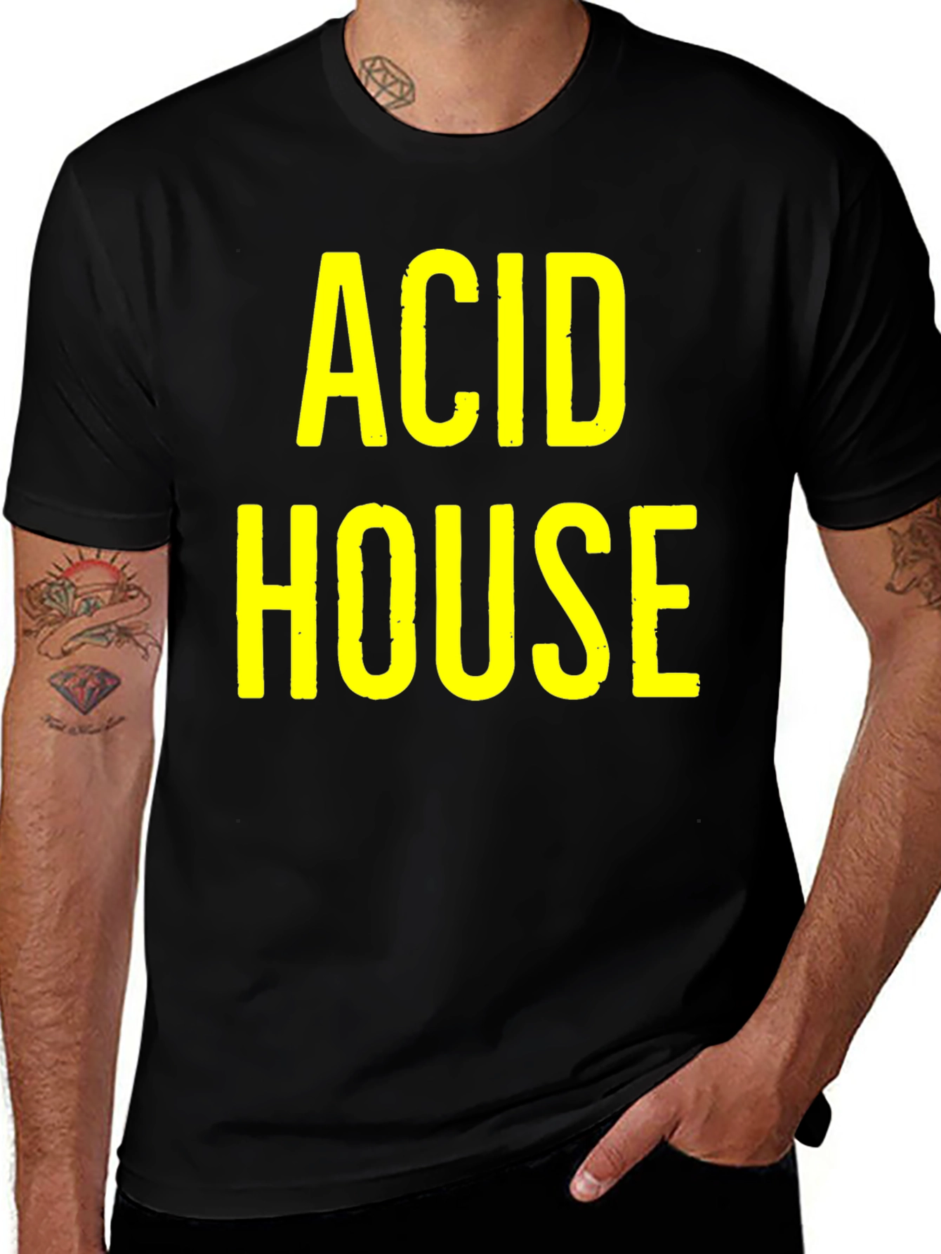 Acid House Graphic T-Shirt - Bold Yellow Print on Black