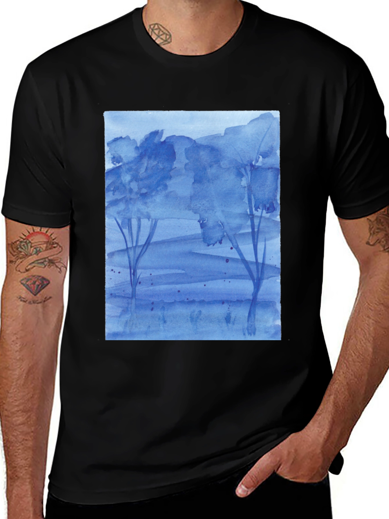 Blue Watercolor Landscape Graphic Tee