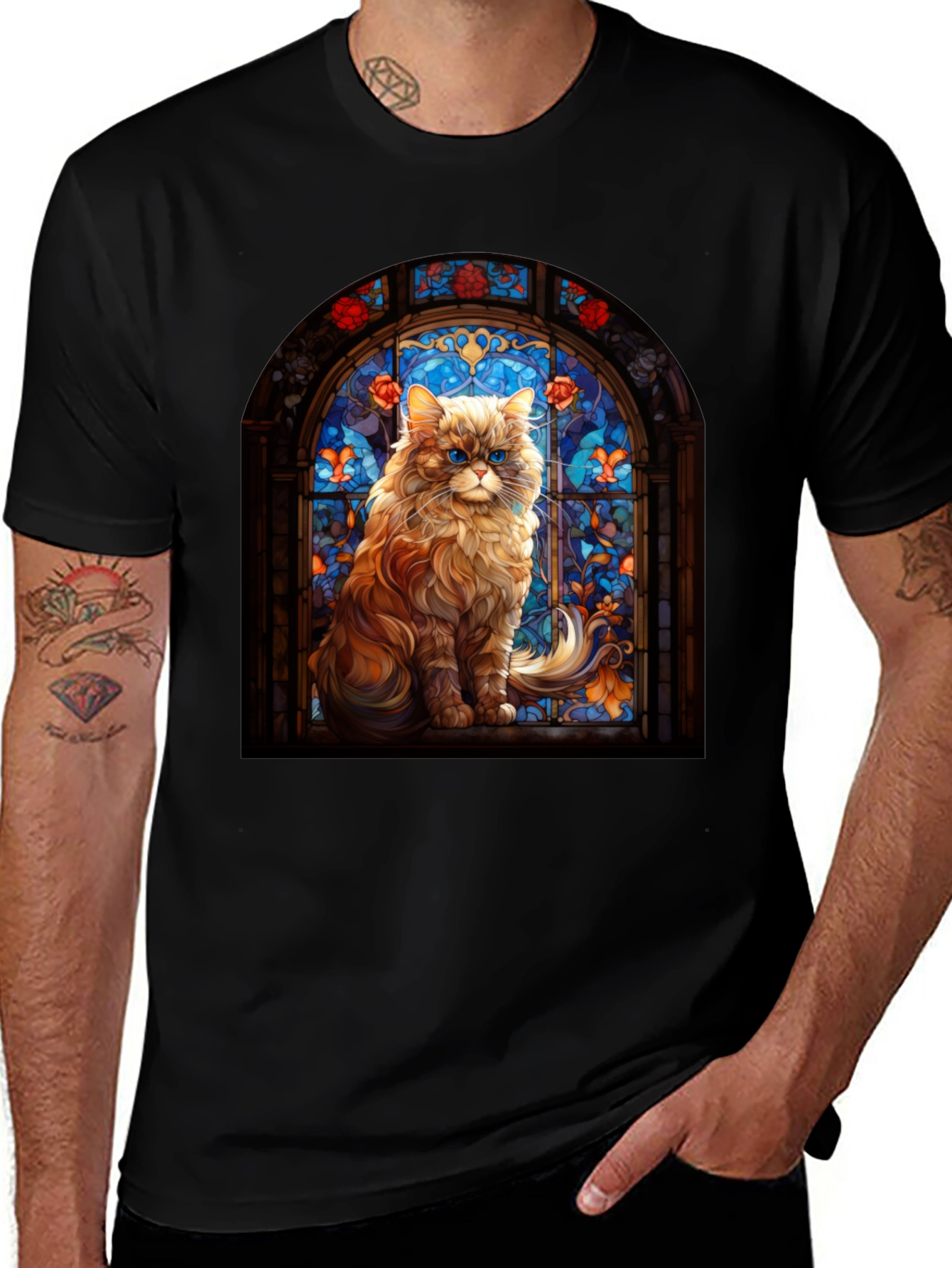 Variant 18 of Cat Stained Glass Graphic Black Tee