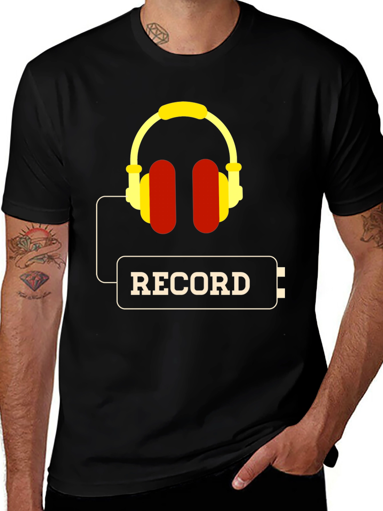 Variant 20 of Record Headphones Graphic Tee - Black Cotton Comfort