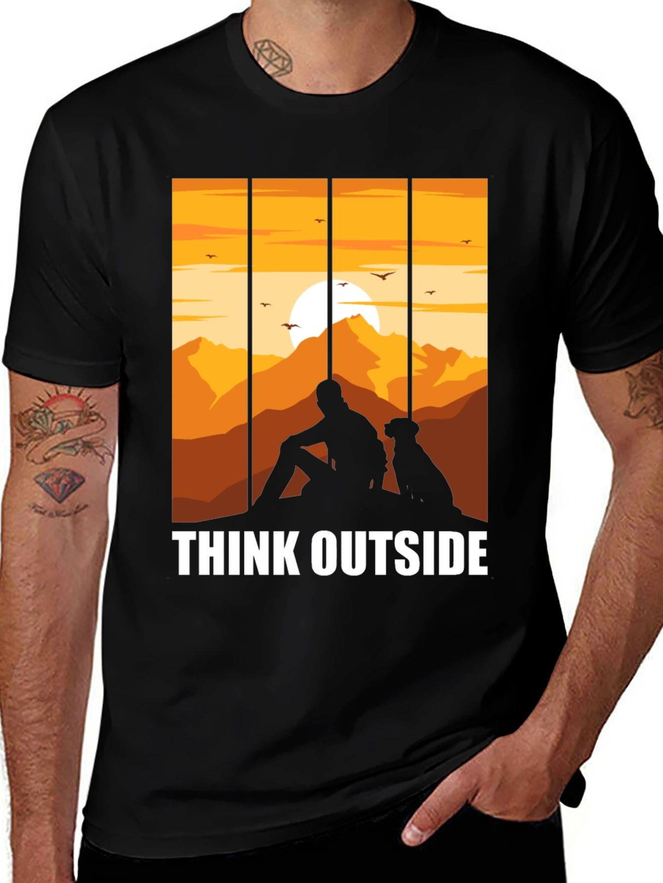 Variant 18 of Think Outside Black T-Shirt, Man and Dog Sunset Graphic Tee