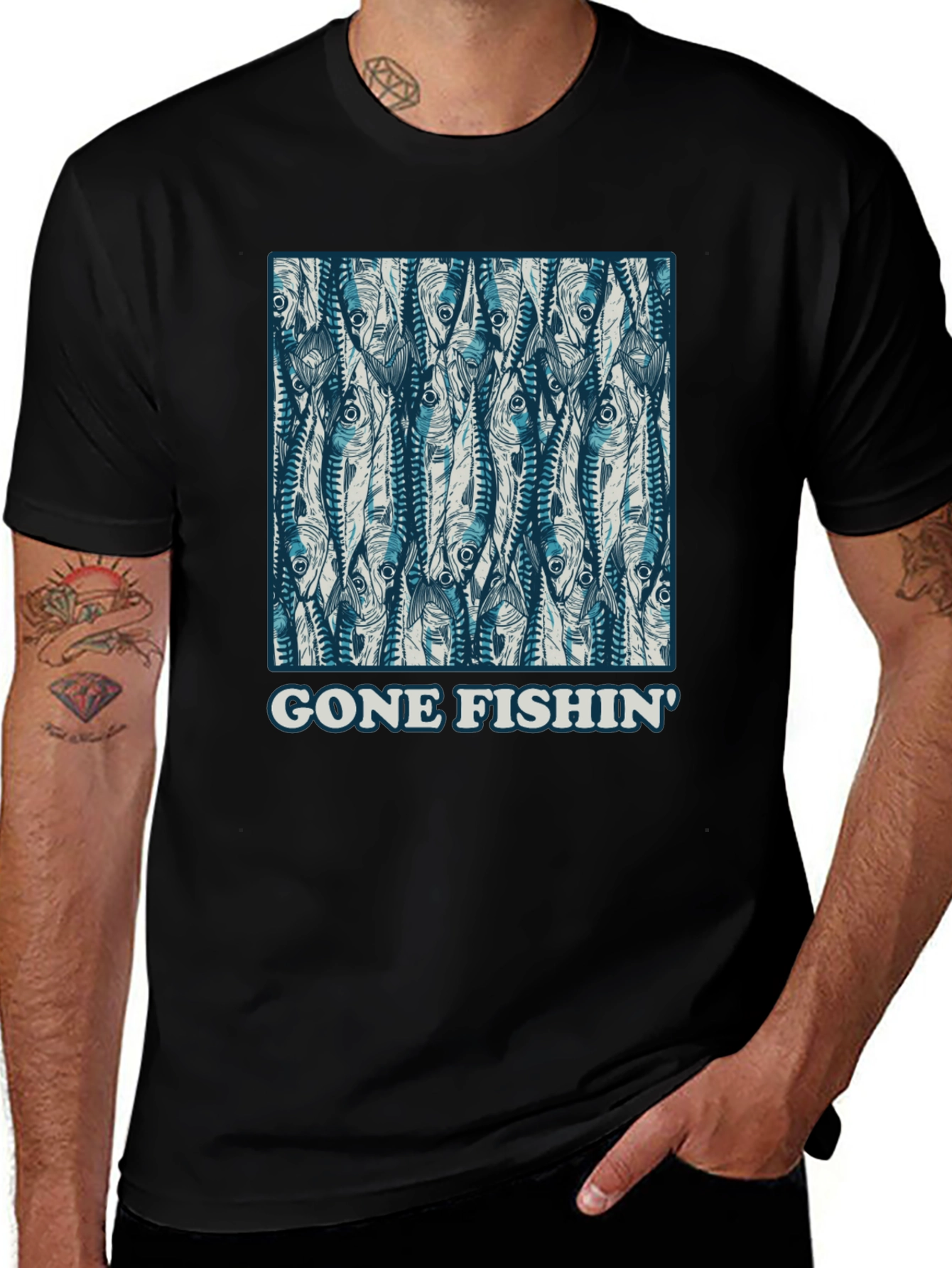 Variant 13 of Gone Fishin' Graphic Tee - Black Cotton T-Shirt