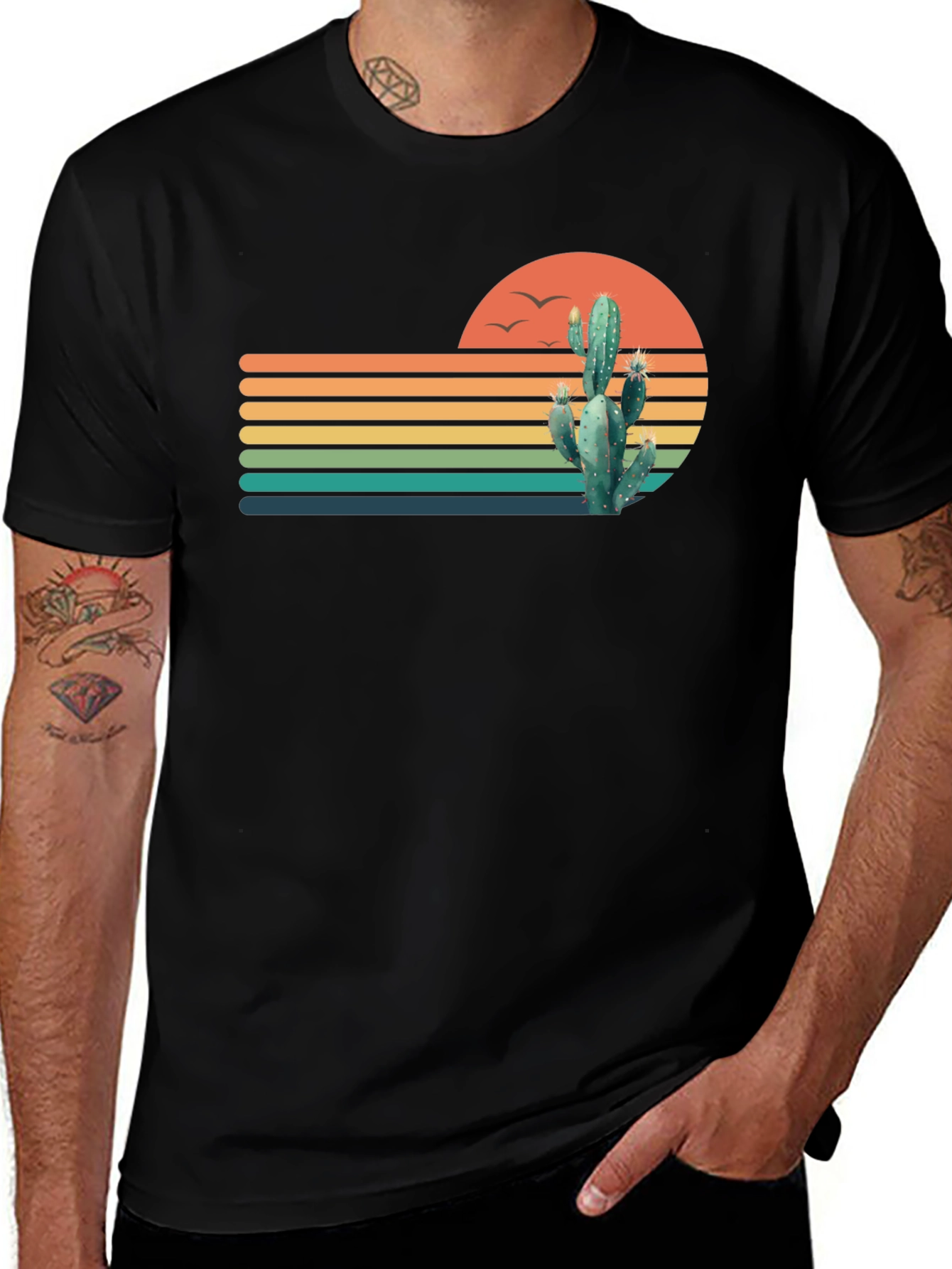 Variant 6 of Retro Desert Cactus Graphic Tee - Stylish Black T-Shirt