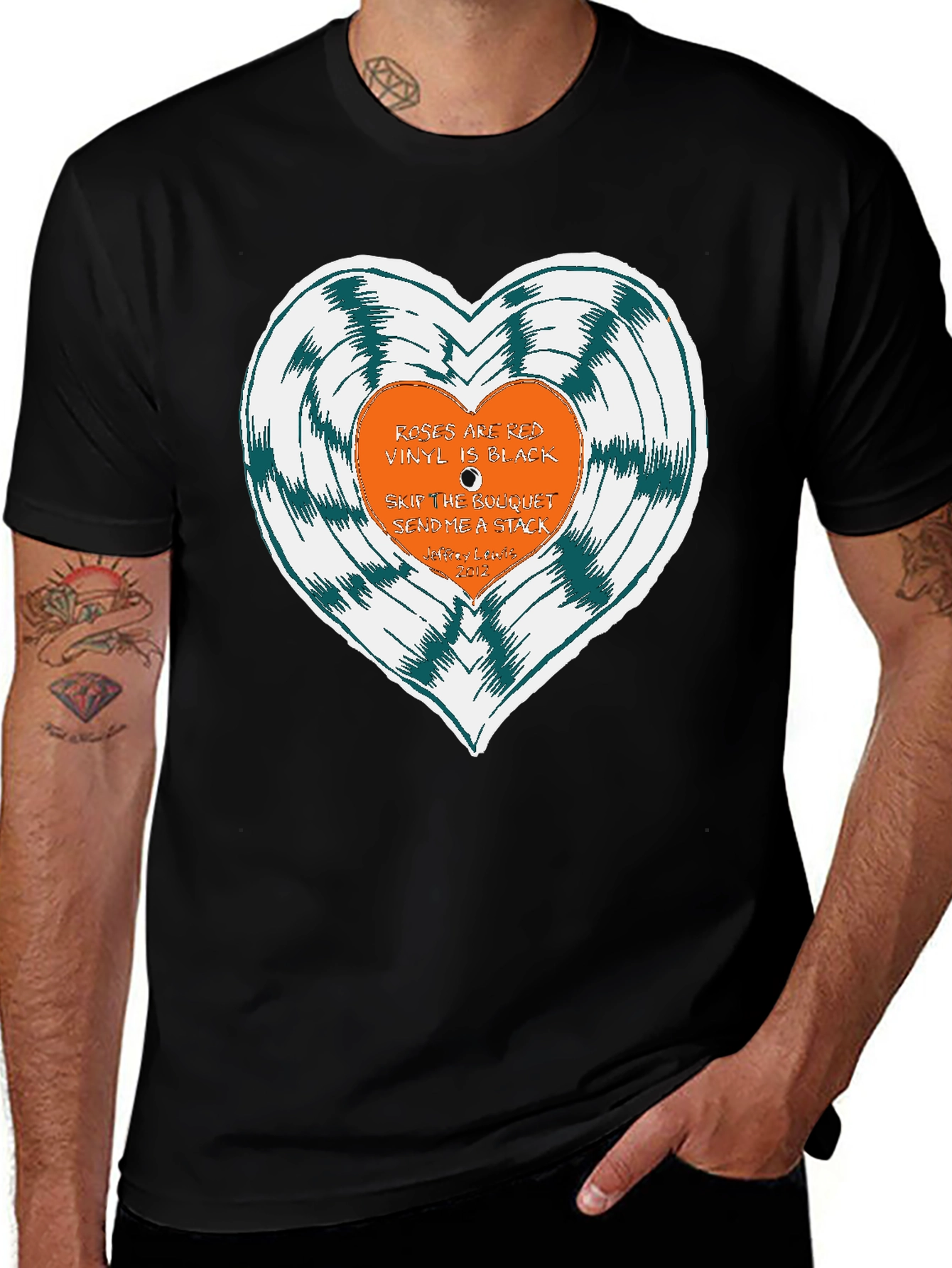 Variant 11 of Vinyl Heart Graphic T-Shirt - Black Tee