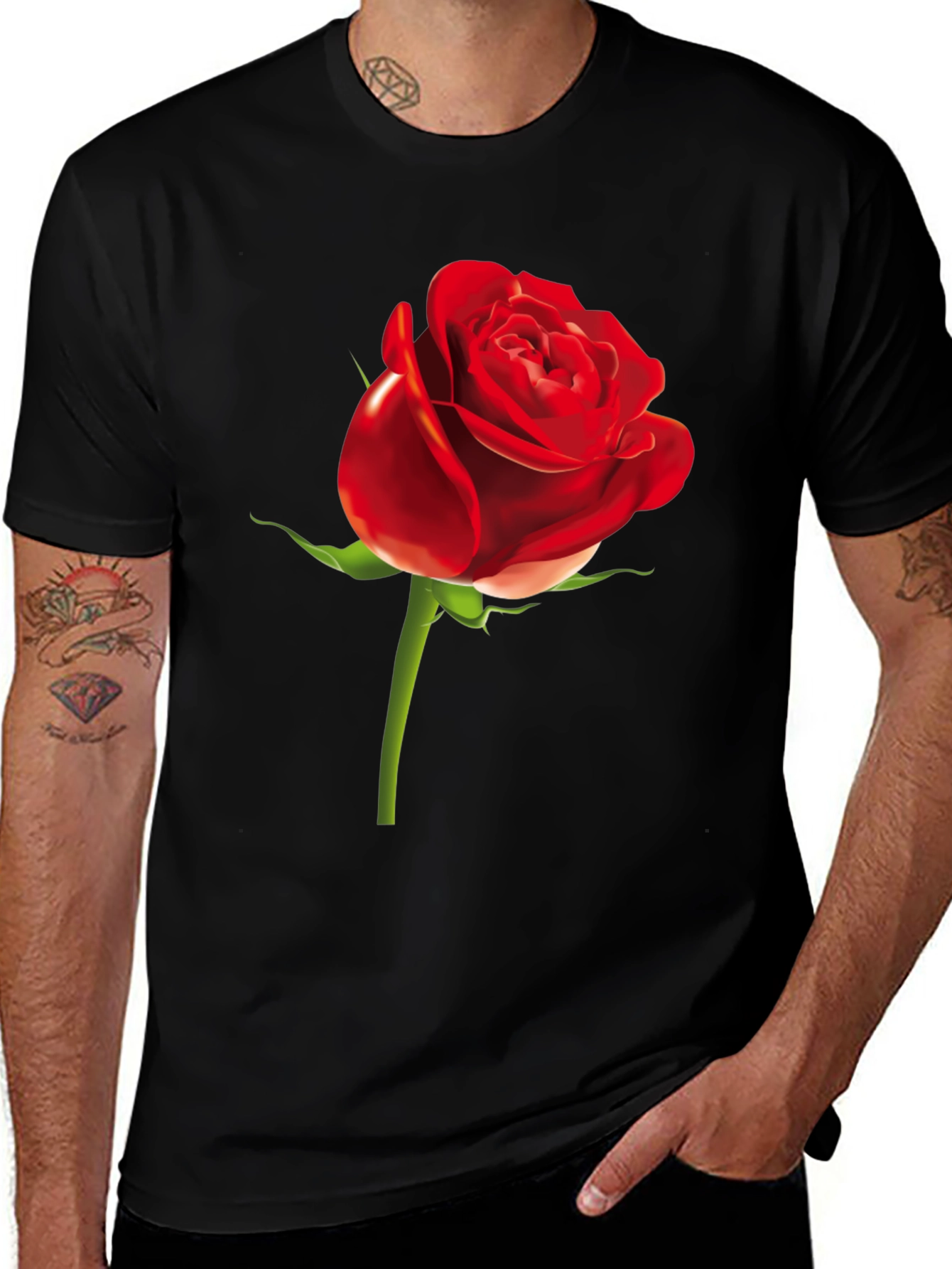 Red Rose Graphic Print Black T-Shirt