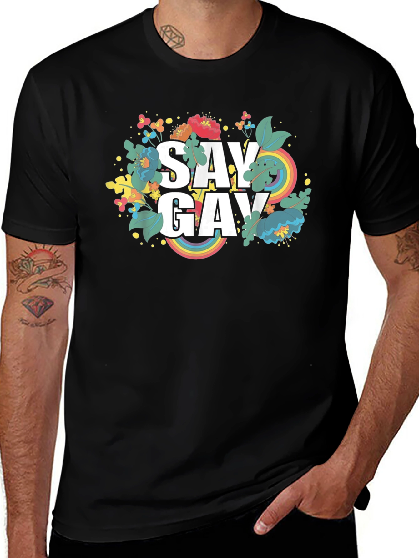 Say Gay Floral Graphic Tee - Black Cotton Shirt