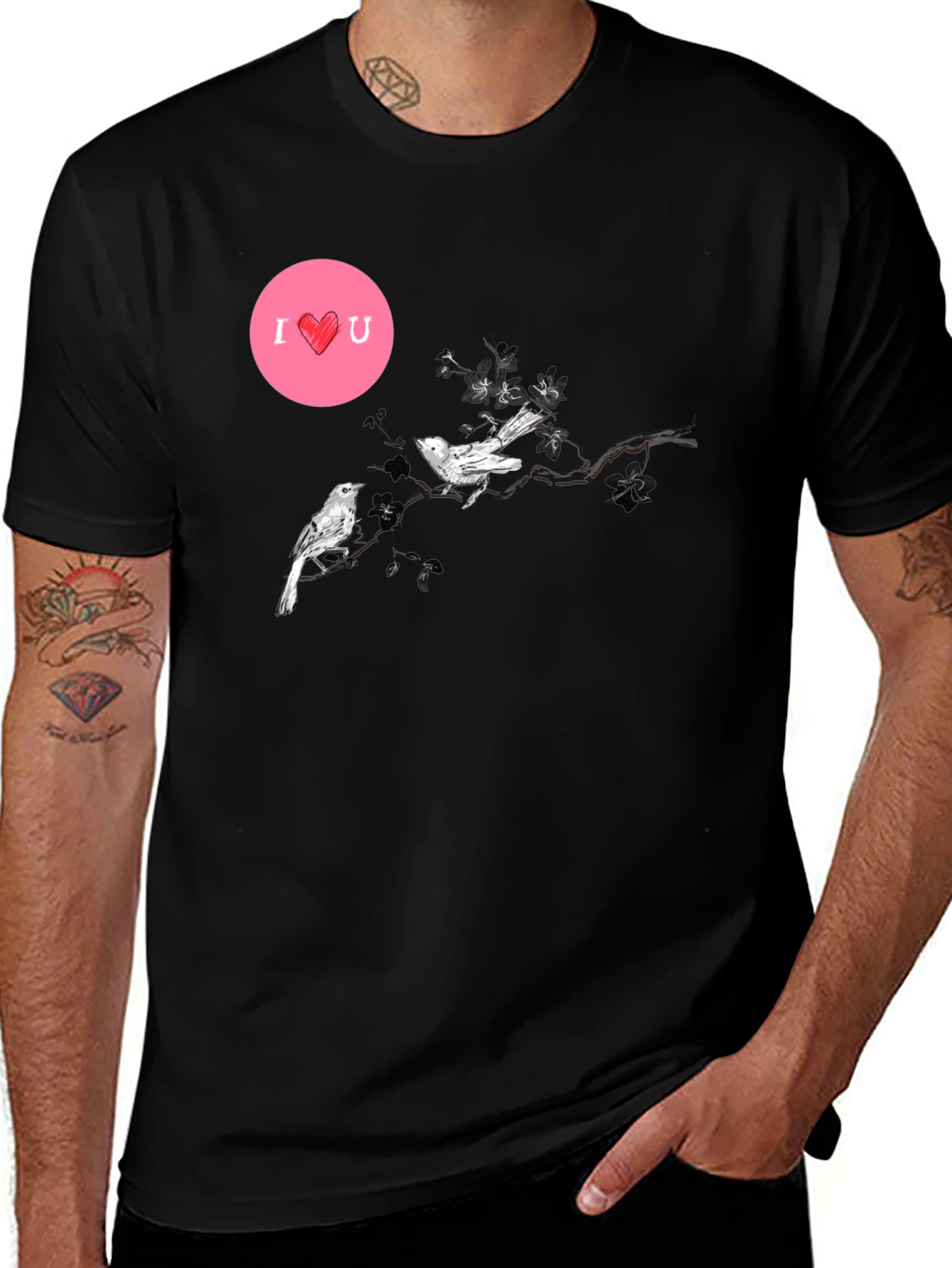 Variant 11 of Black Graphic Tee with Birds and 'I <3 U' Design
