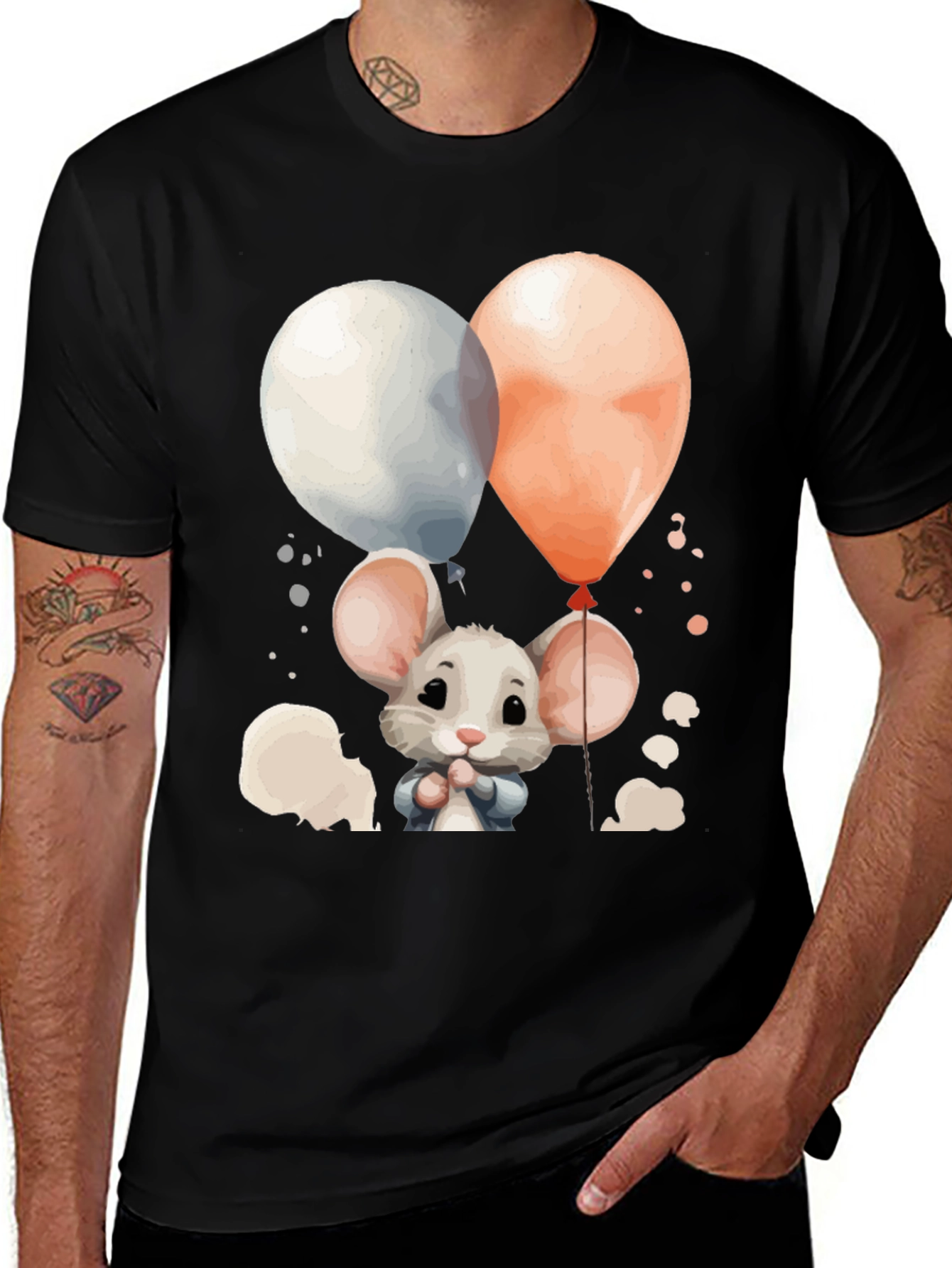 Black Cute Mouse Balloons Graphic Tee - Black Cotton Blend main image