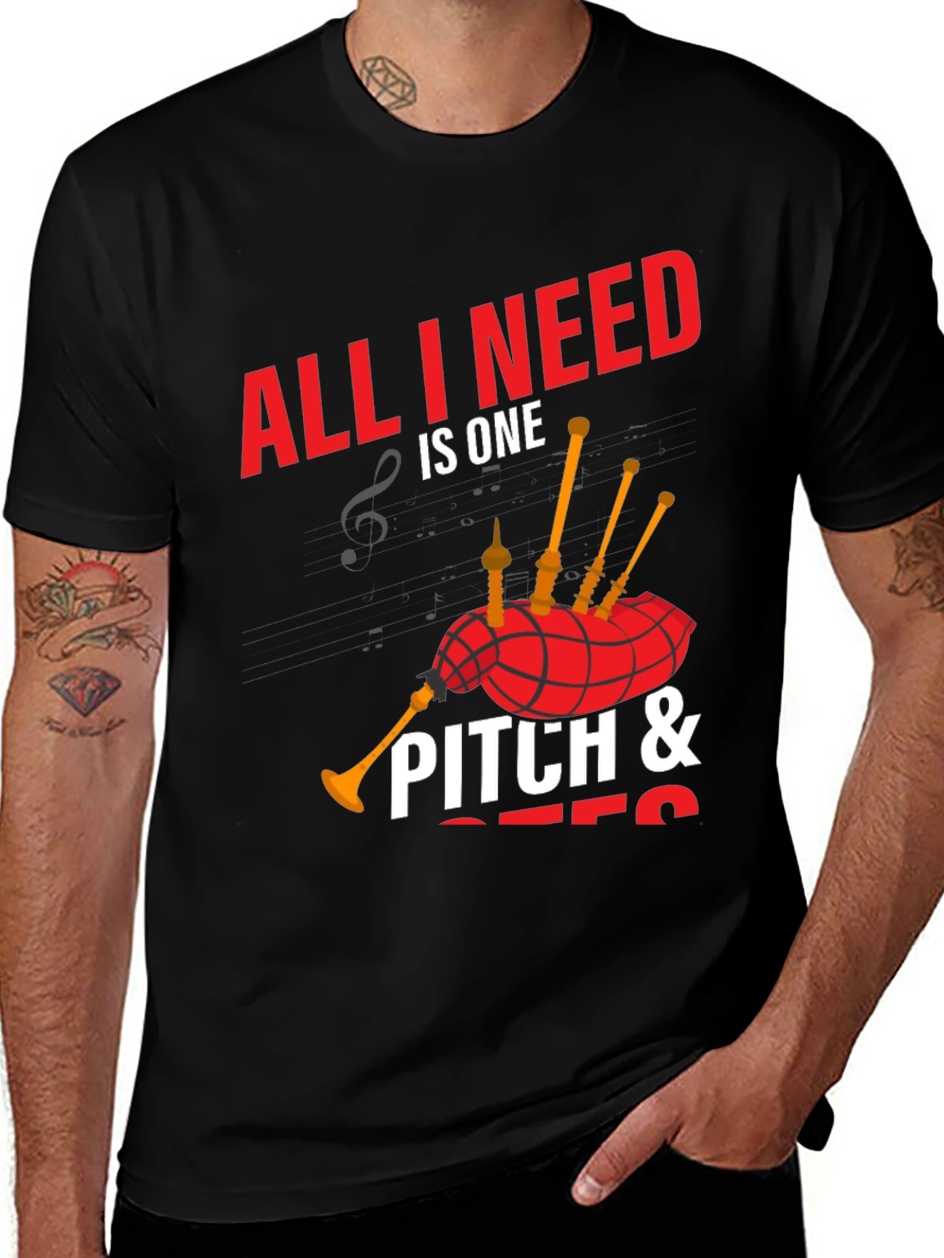 Black Bagpipe Music T-Shirt - All I Need is One Pitch main image