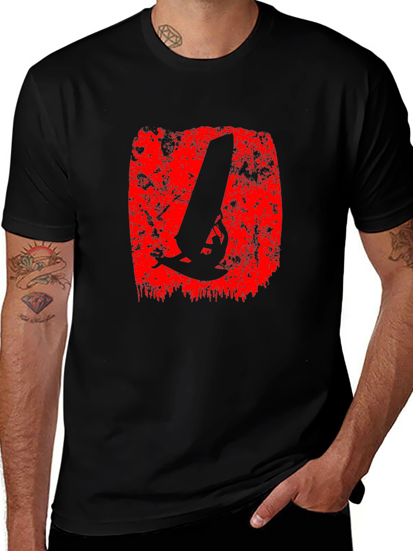 Variant 24 of Black T-Shirt with Red Distressed Sword Design
