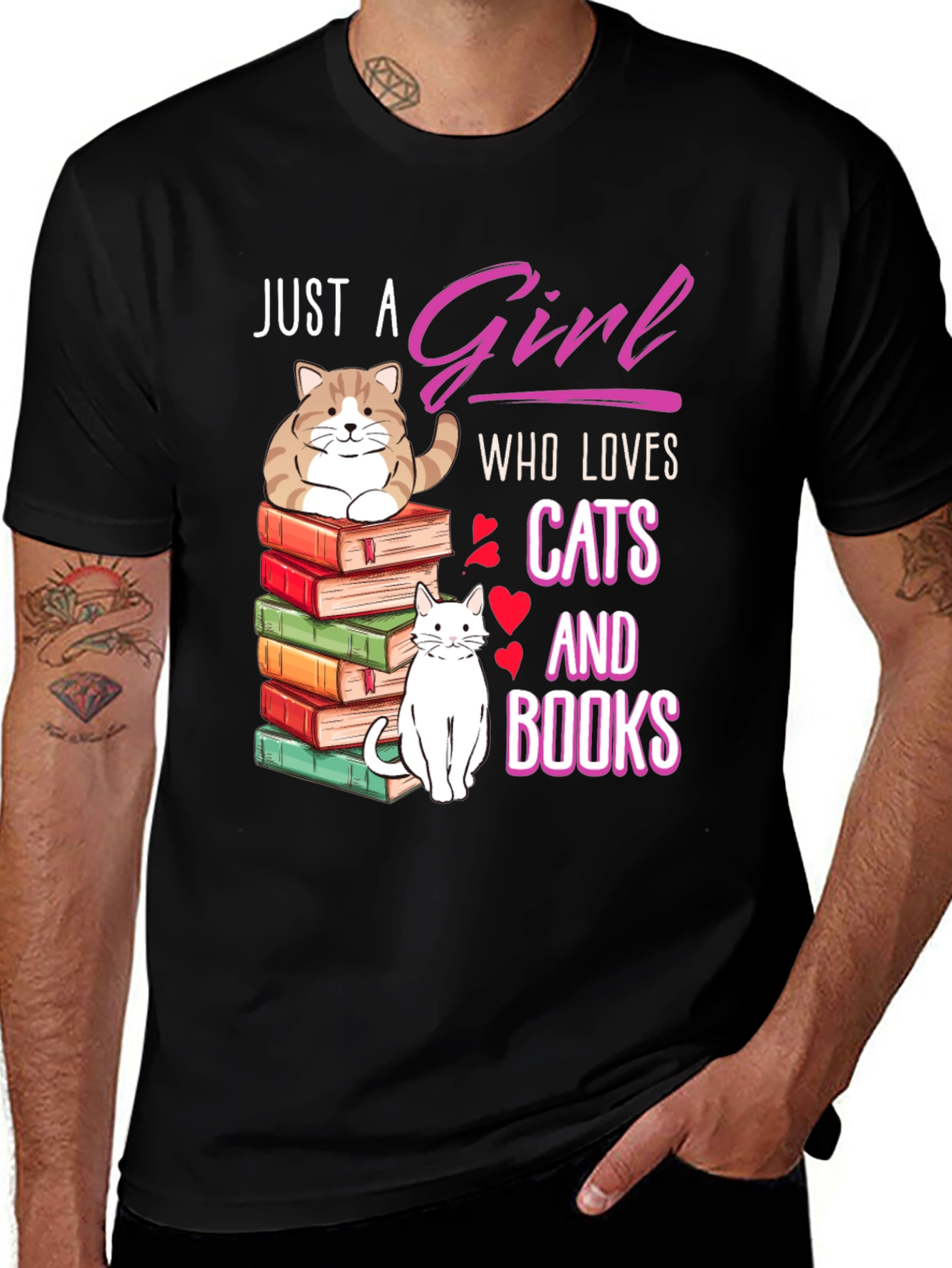 Black Just A Girl Who Loves Cats and Books T-Shirt main image