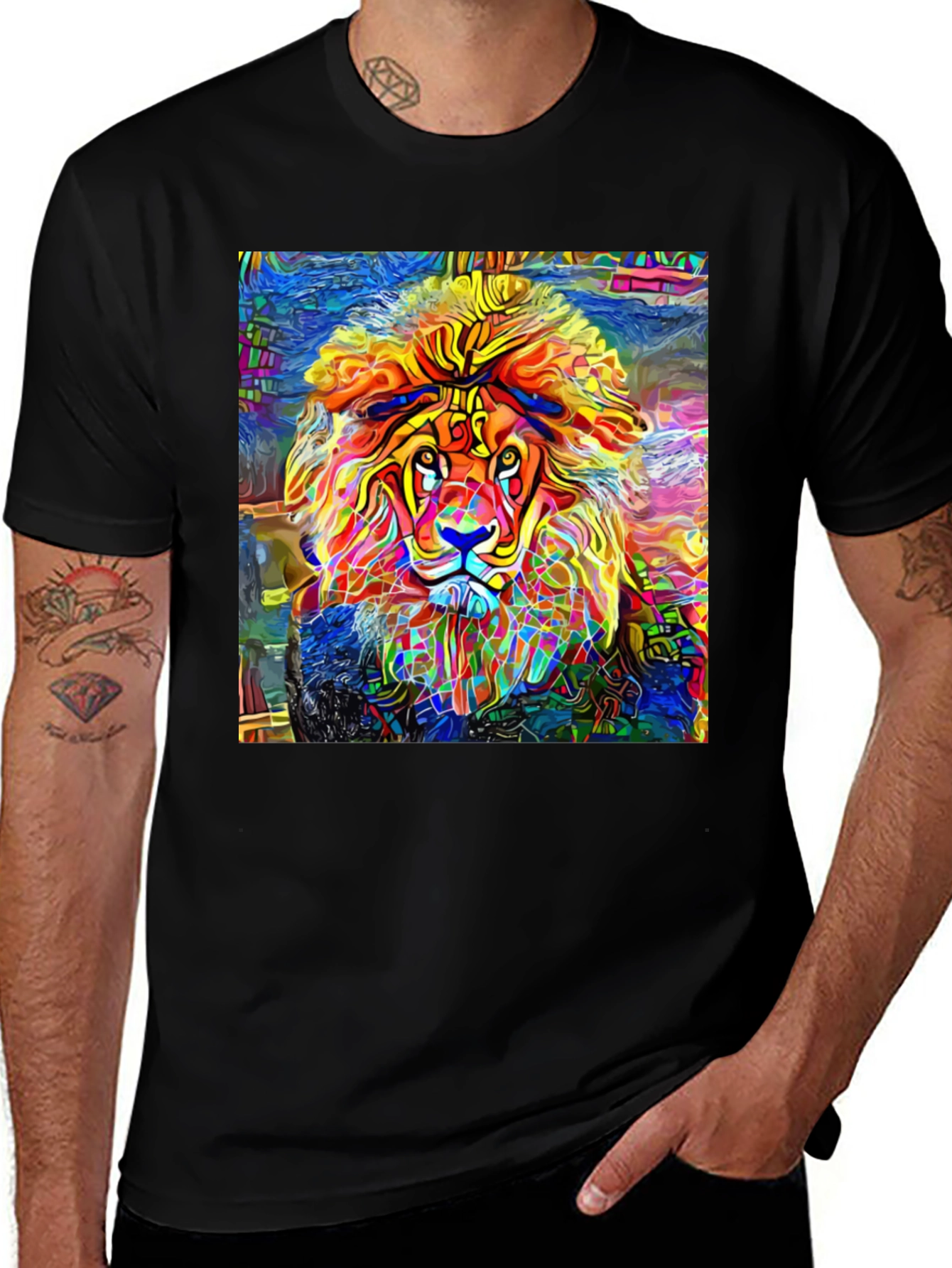 Variant 27 of Vibrant Lion Graphic Black T-Shirt - Artistic Animal Tee