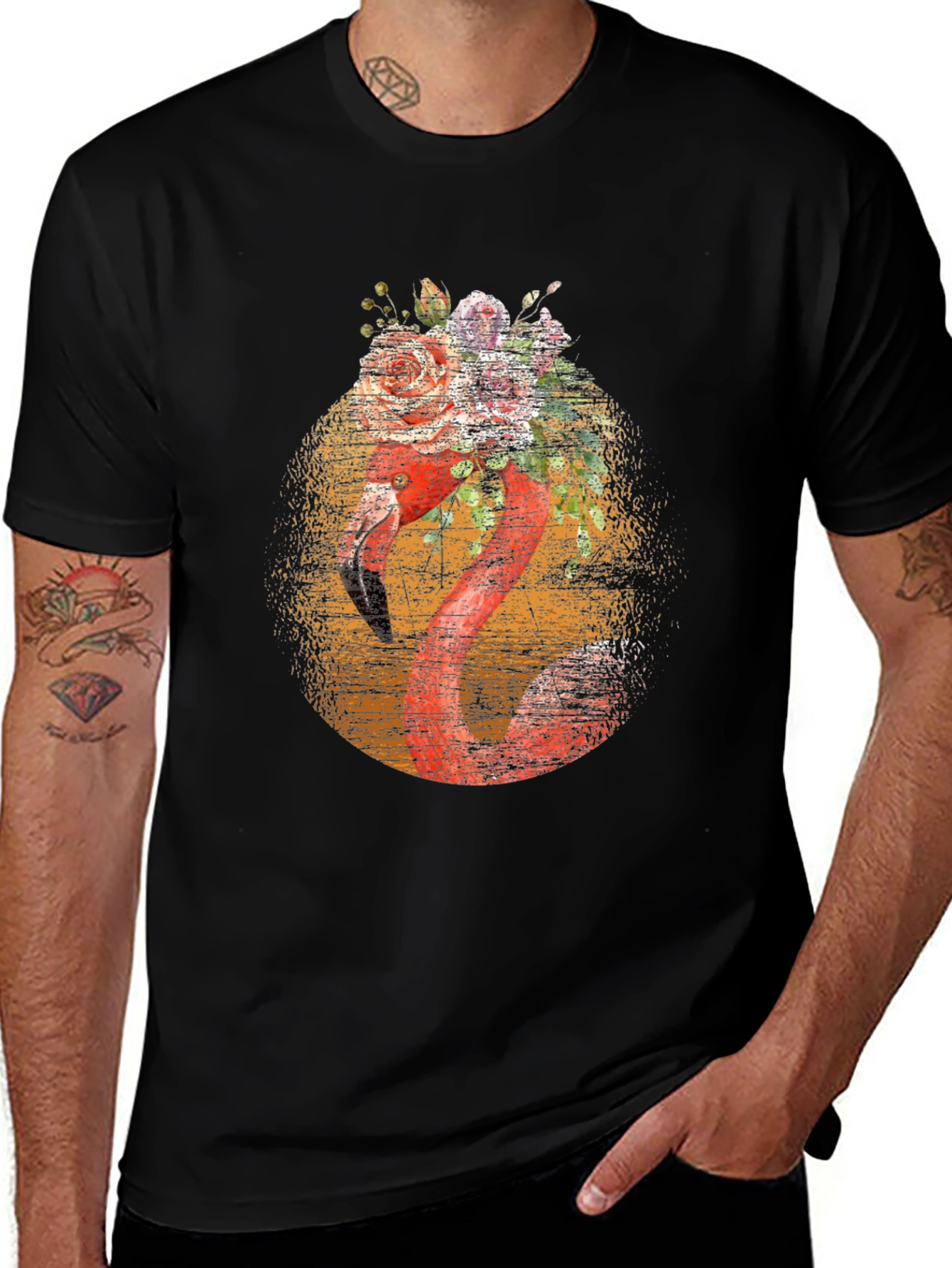 Variant 23 of Floral Flamingo Graphic Tee - Stylish Men's Black T-Shirt