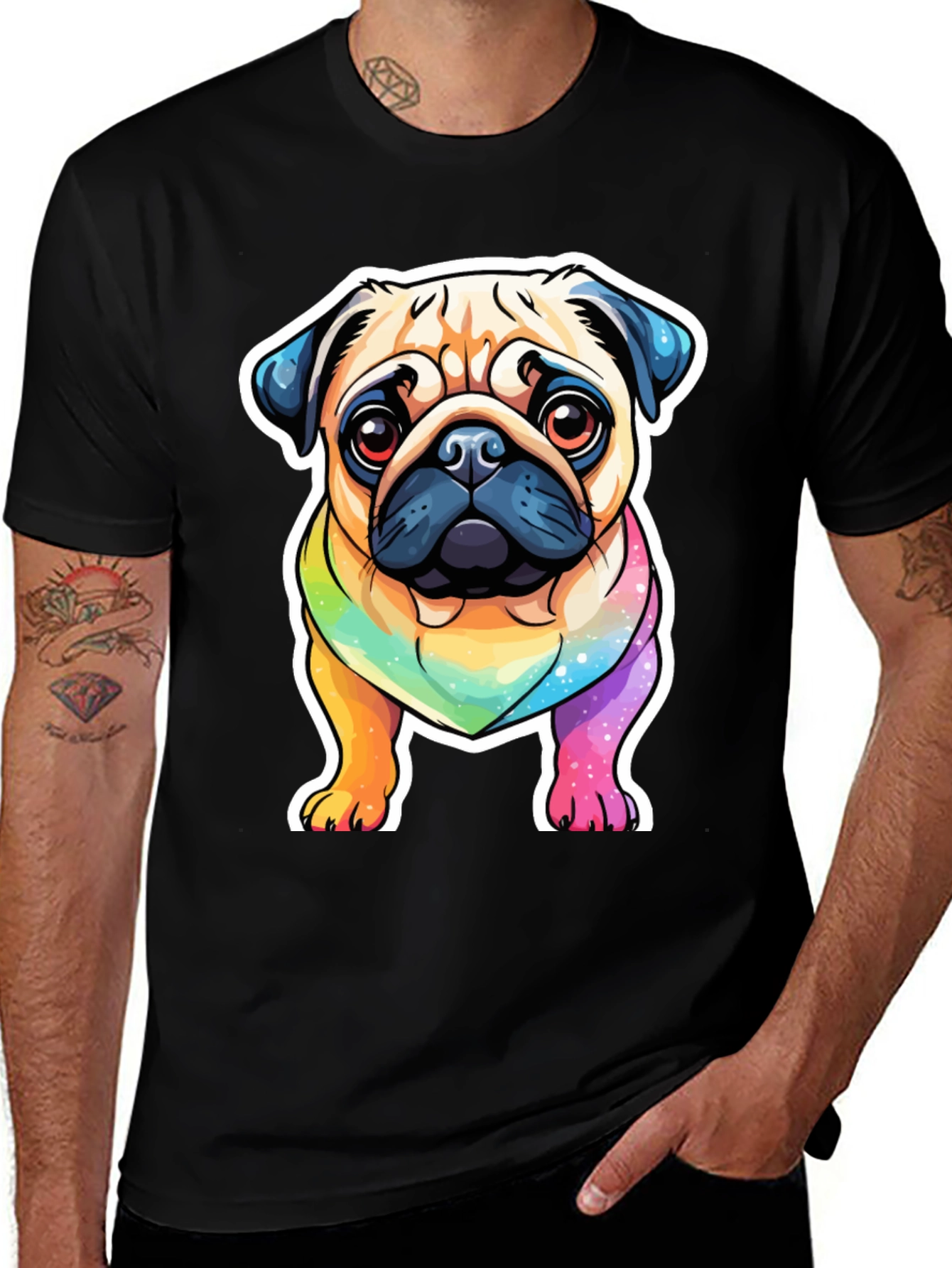 Variant 27 of Rainbow Pug Graphic Tee - Men's Black T-Shirt
