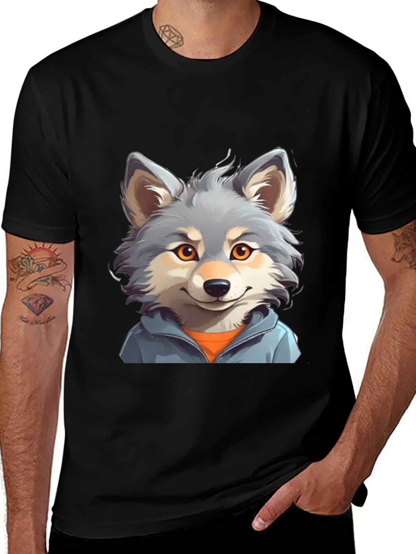 Variant 21 of Cartoon Wolf Graphic Tee - Men's Black T-Shirt