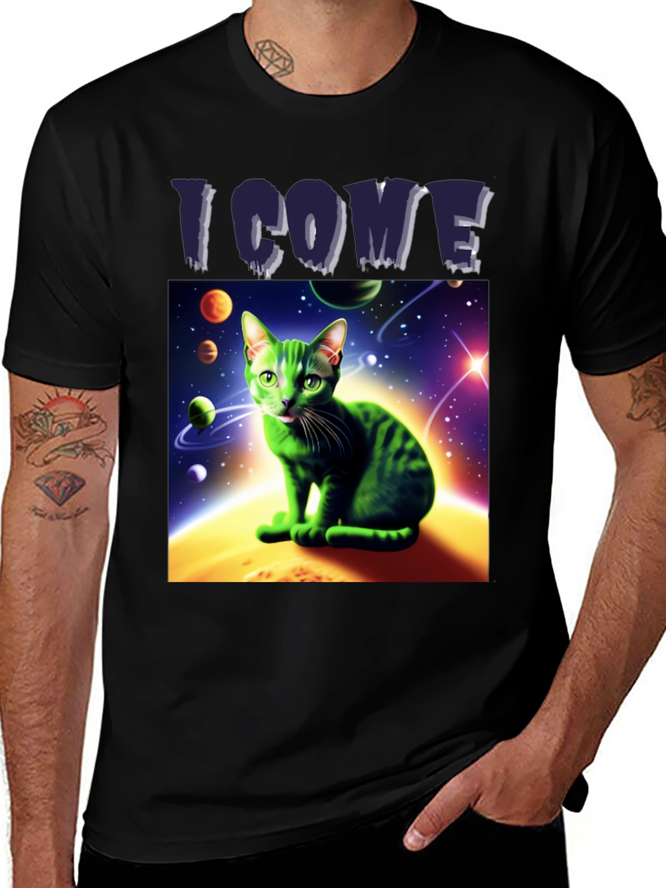 Variant 5 of I Come In Peace Cat T-Shirt - Space Alien Green Kitty Tee