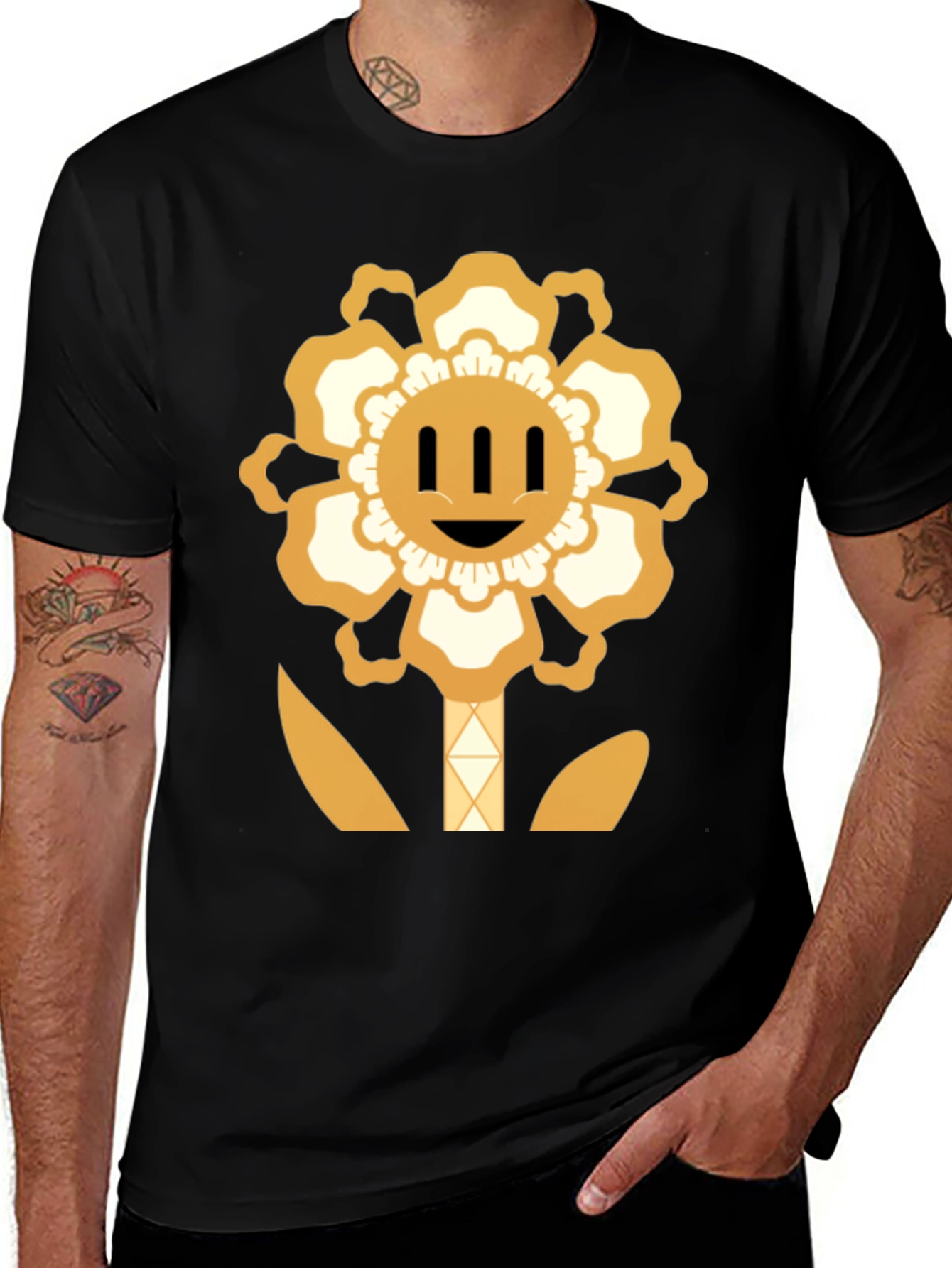 Variant 2 of Cheerful Flower Graphic T-Shirt - Black Cotton Tee