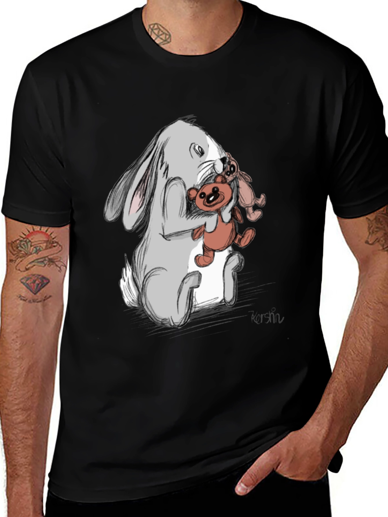 Rabbit Hugging Teddy Bear Graphic Tee - Black