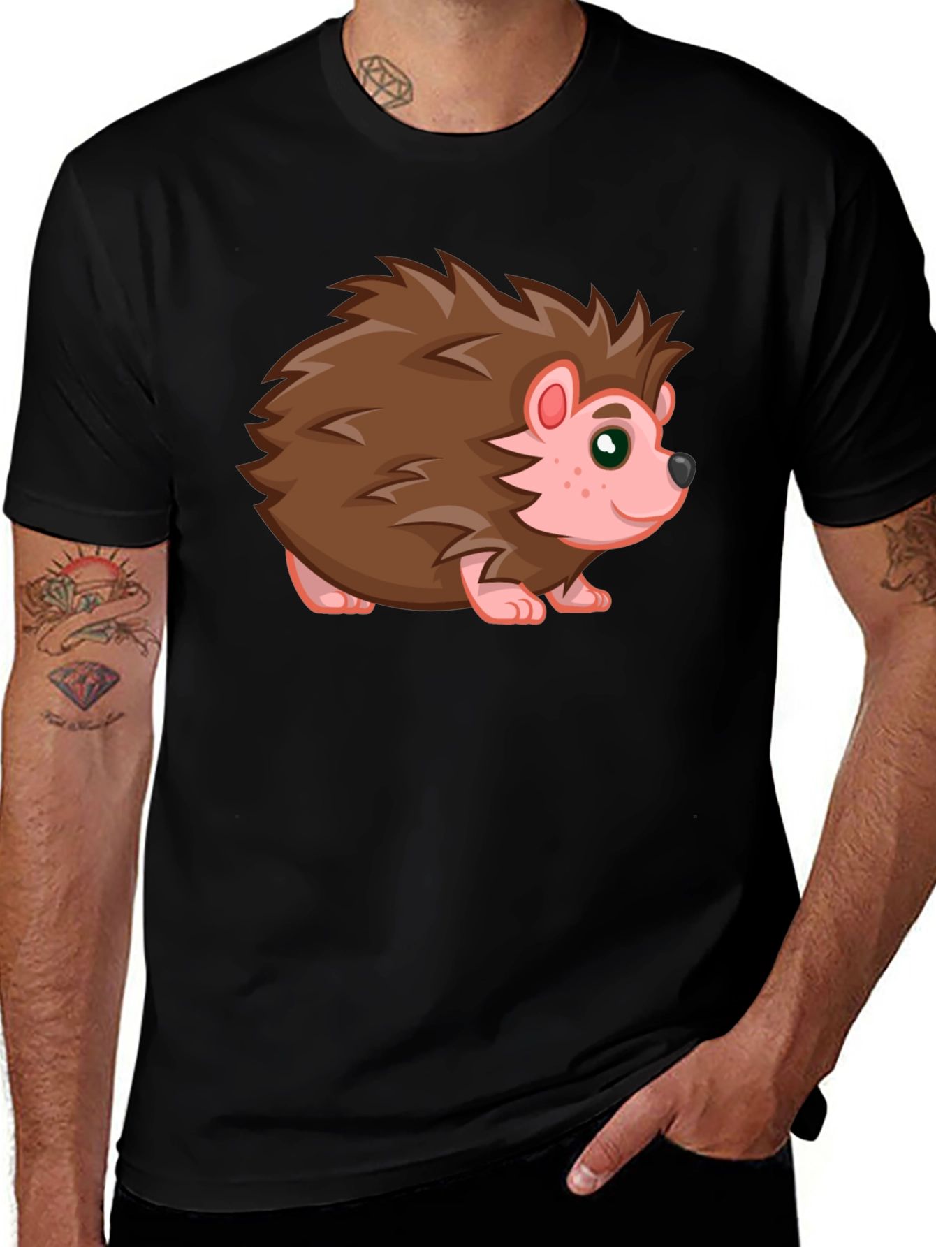 Variant 4 of Cute Hedgehog Graphic Tee - Black Cotton T-Shirt