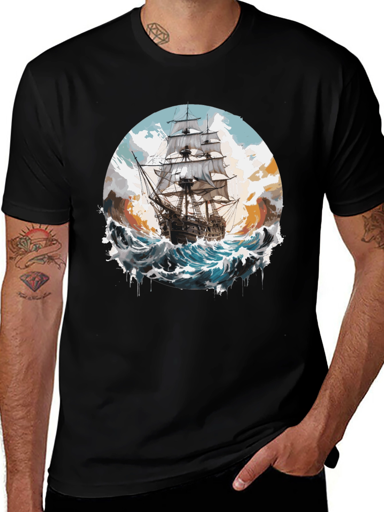 Variant 30 of Nautical Ship Graphic Tee - Black Cotton T-Shirt