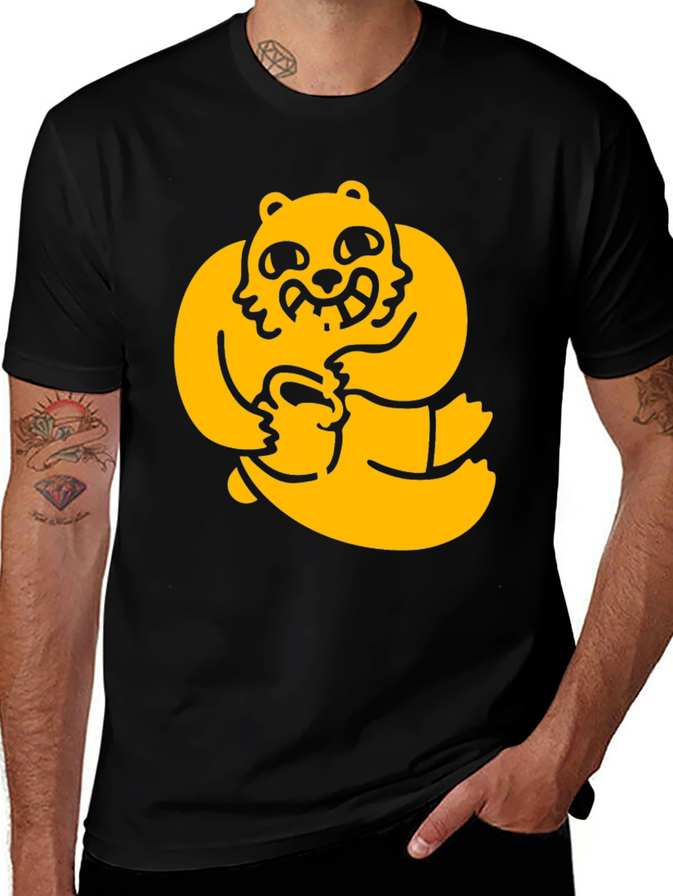 Variant 2 of Men's Black Tee with Cartoon Bear Graphic