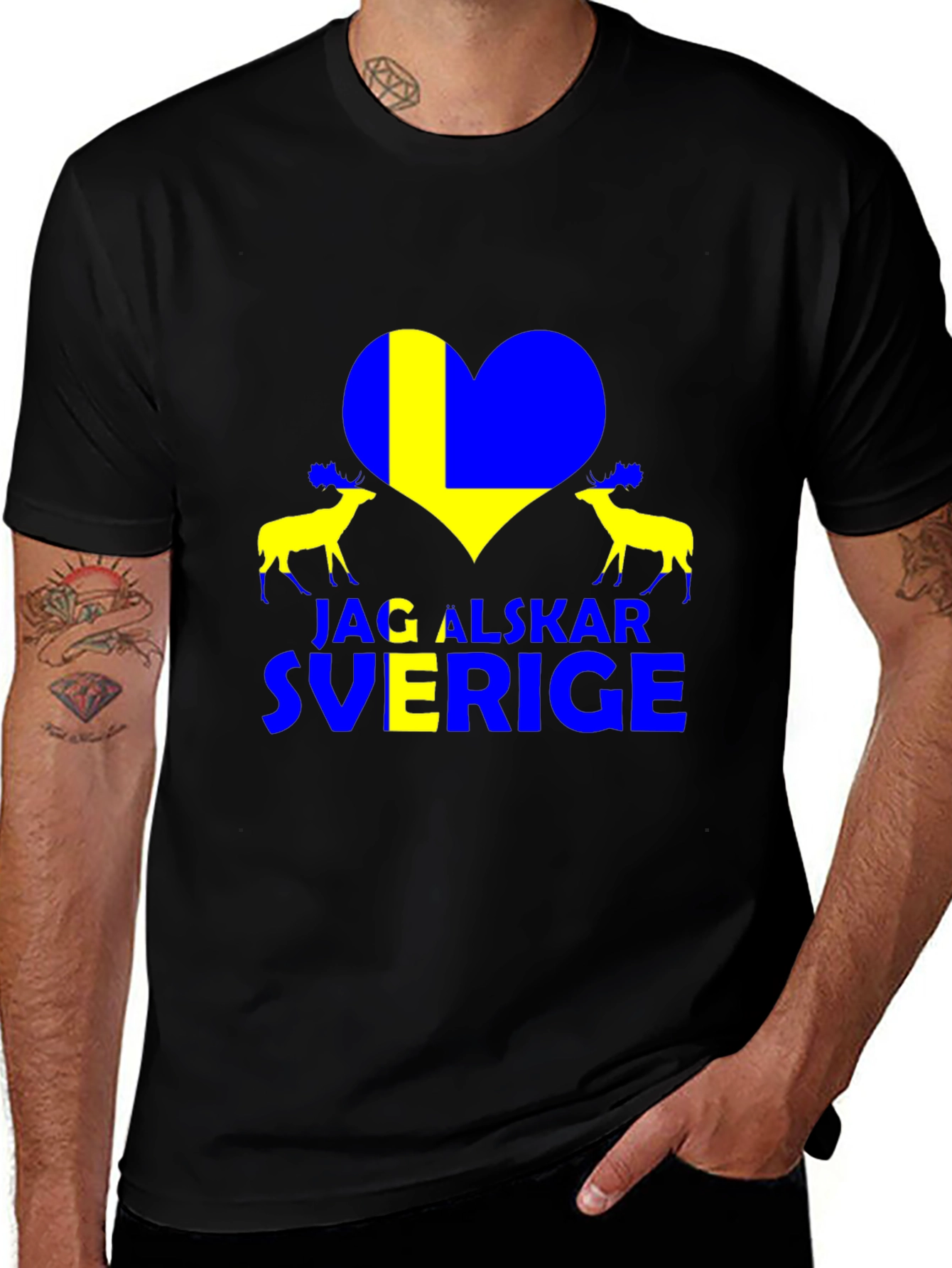 I Love Sweden Black T-Shirt with Moose Design