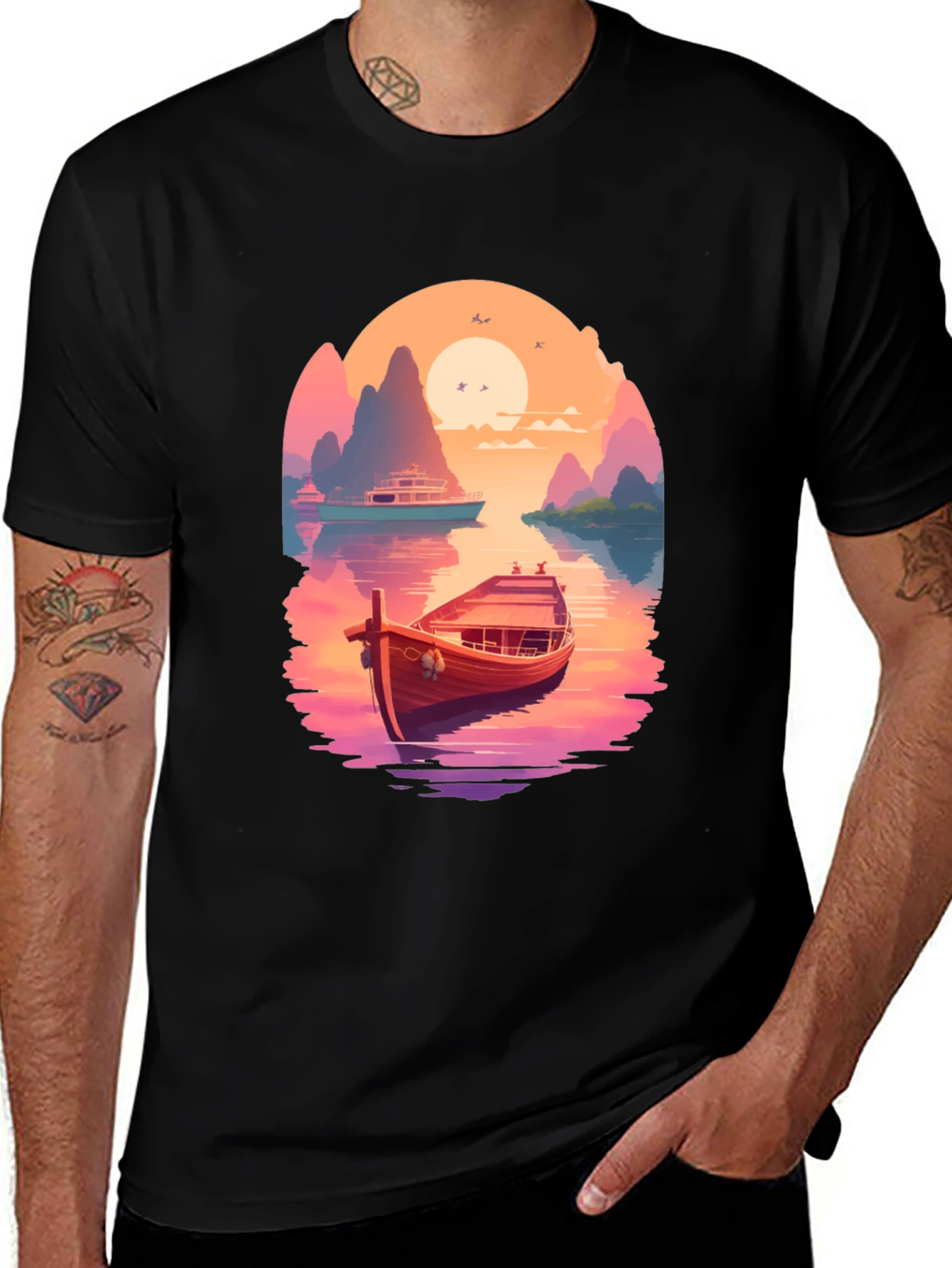 Boat Scene Graphic Tee - Retro Sunset Style