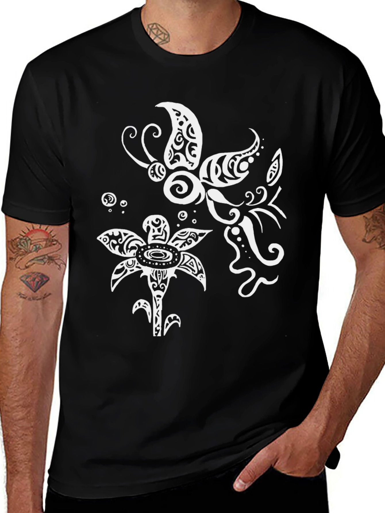 Variant 11 of Tribal Butterfly & Floral Graphic T-Shirt - Black