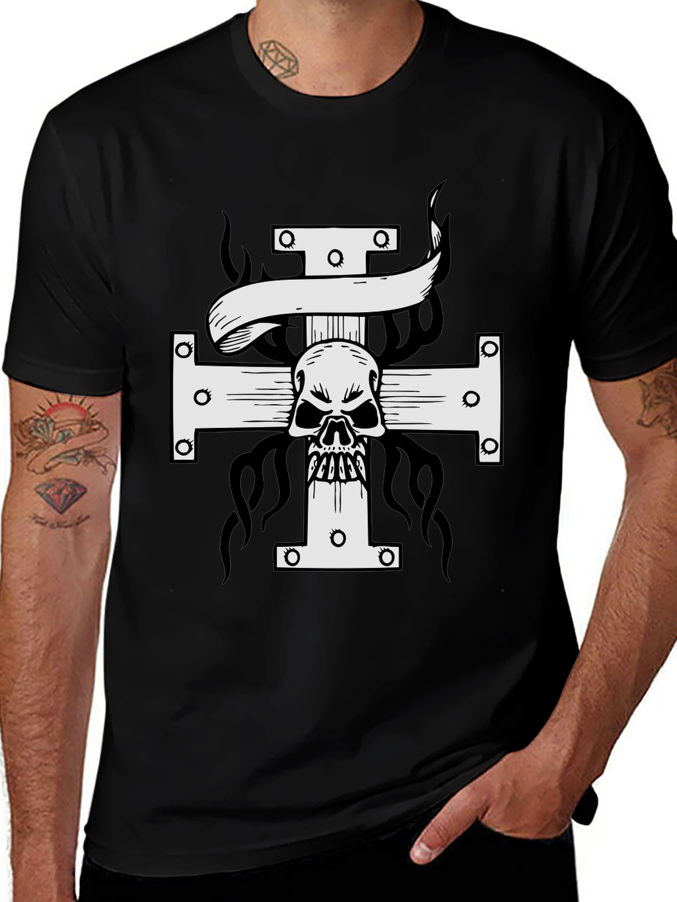 Variant 14 of Skull Cross Graphic Print T-Shirt - Black